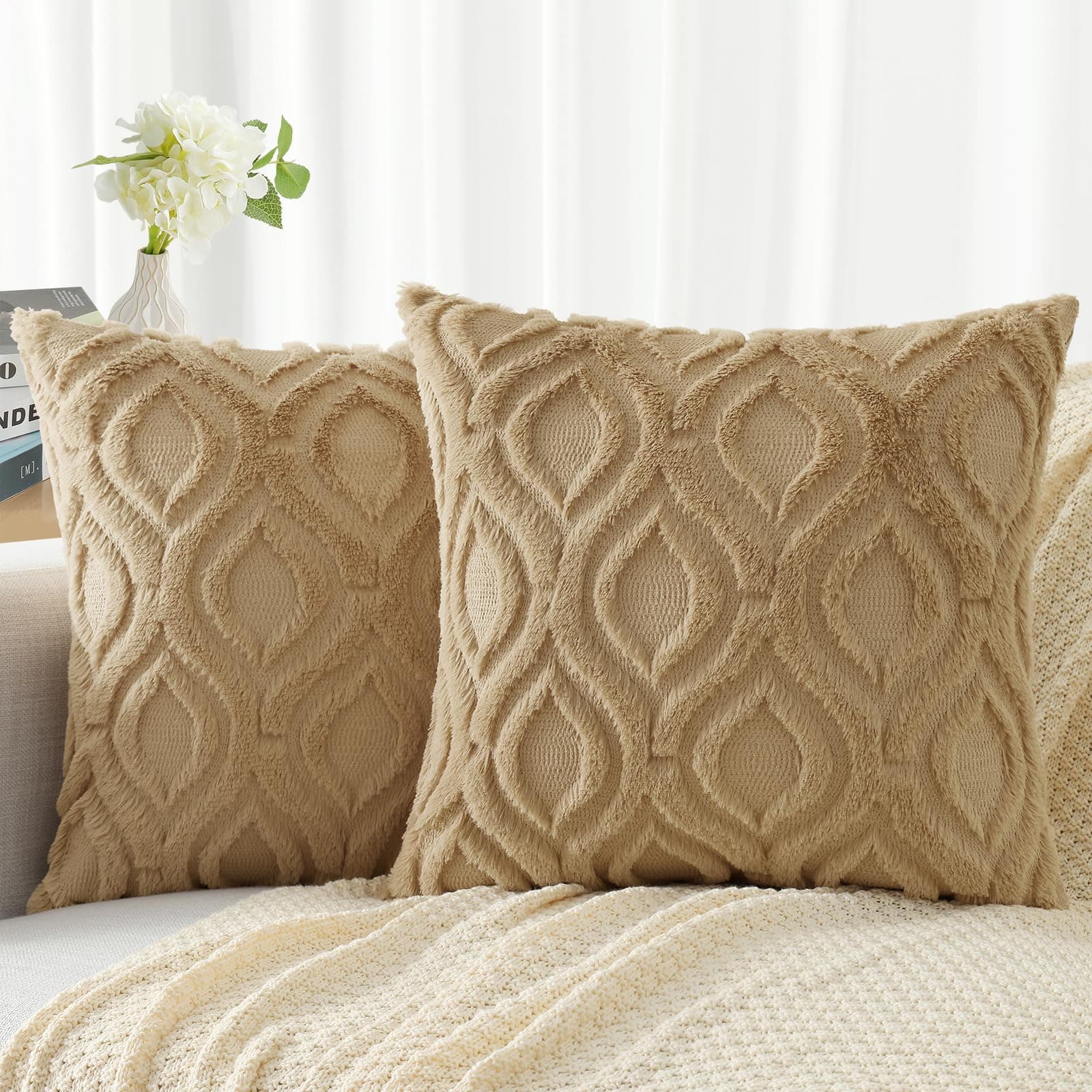 decorUhome Set of 2 Faux Fur Cushion Covers 45x45 cm, Decorative Soft Plush Fluffy Velvet Cushion Cover 18X18 Inch,Square Boho Neutral Pillow case for Sofa, Taupe