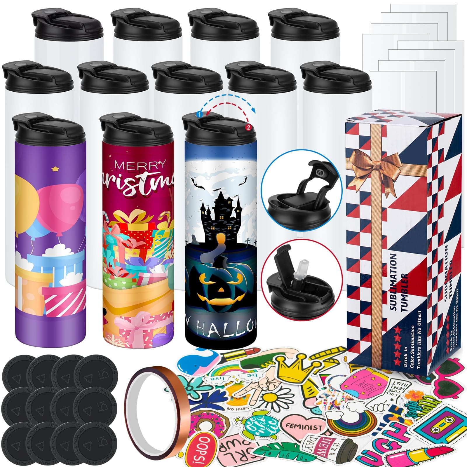 8 Pack 20 oz Sublimation Tumblers Dual Opening Blank Bottles Triple-Insulated Stainless Steel Water Bottle with Straw Lid Blank Tumbler Bulk with Shrink Wrap, Rubber Base, Heat Tape for Heat Transfer