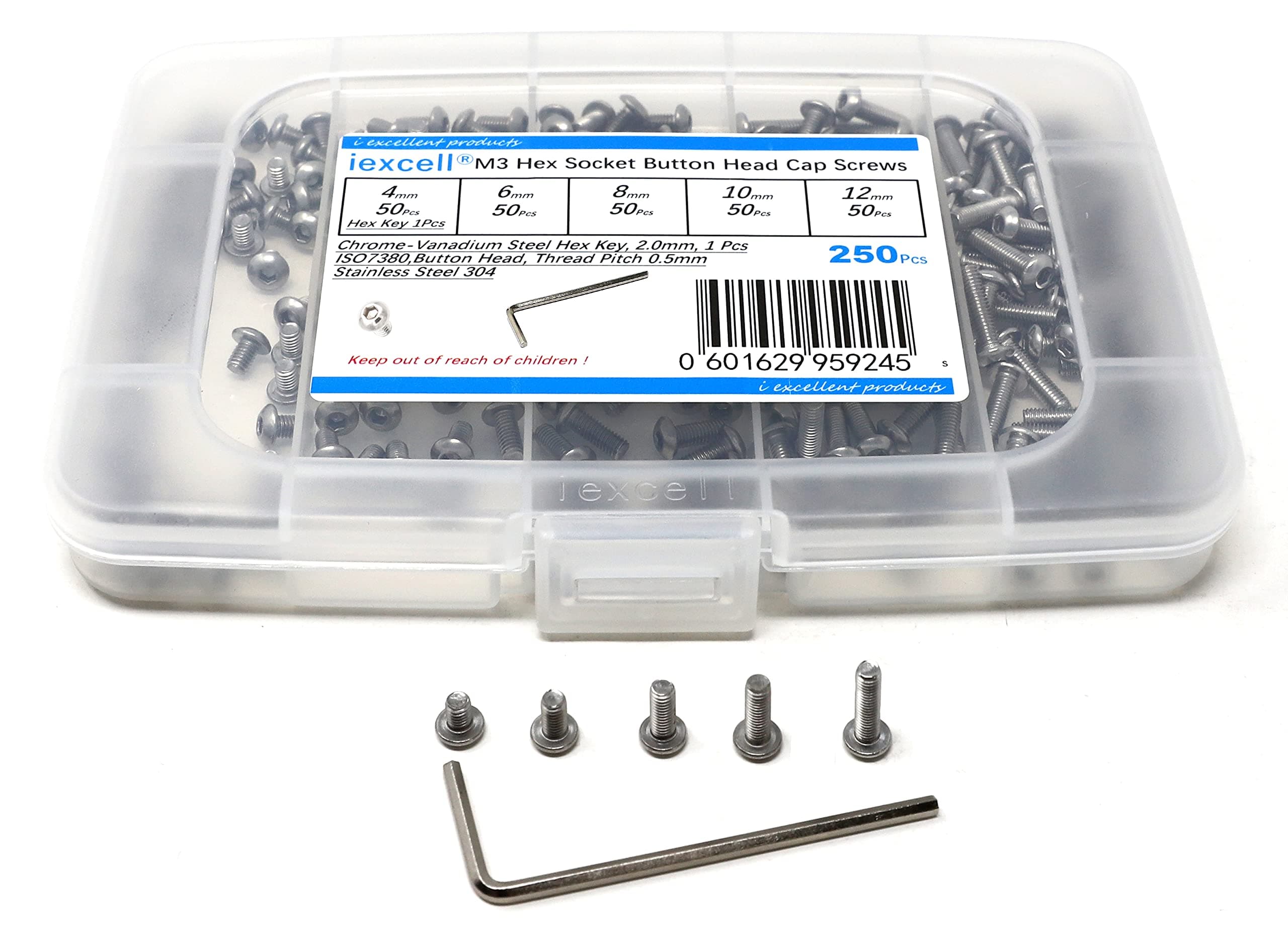 iExcell 250 Pcs M3 x 4/6/8/10/12 mm Stainless Steel 304 Hex Socket Button Head Cap Screws Bolts Assortment Kit
