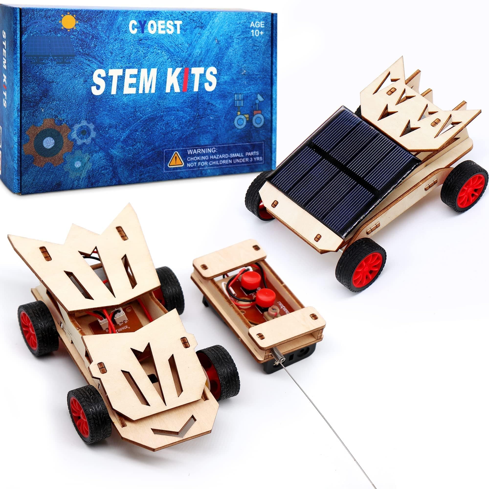 Solar STEM Building Project Science Experiment Kits - Electric Motor Toys for Kids,Remote Control Car Wooden Model,2 in 1 Set