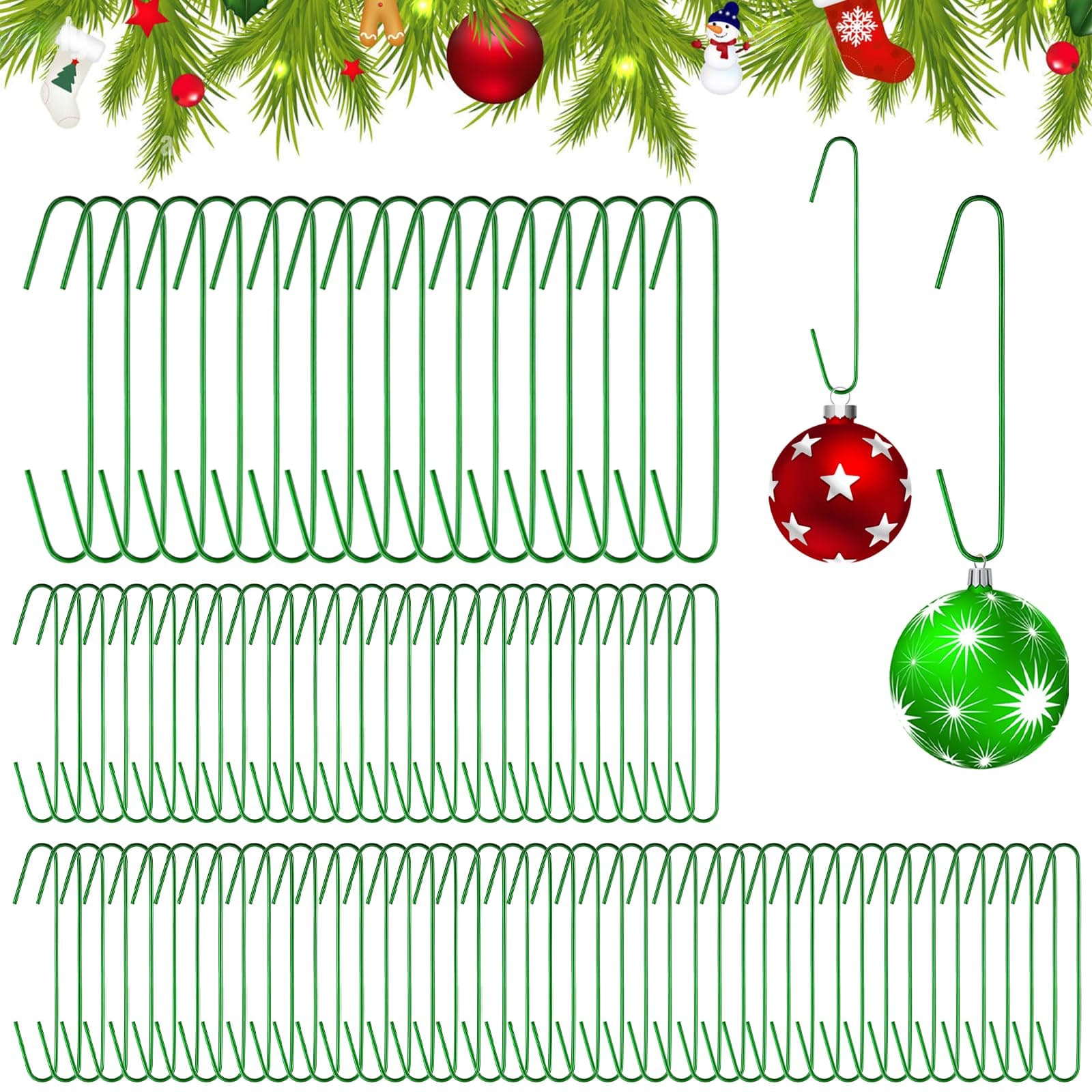 Grandisk 300 Pcs Christmas Ornament Hooks, Bendable Metal Wire Hooks with Storage Box, C-Shaped Ornaments Hooks for Christmas Trees, Christmas Tree Decoration Hangers(Green)
