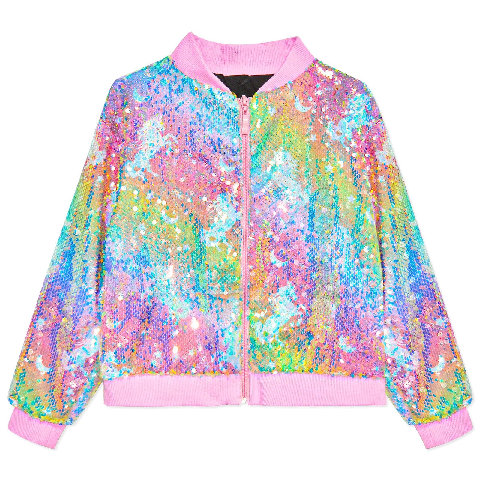 Girls Sequin Jacket Sparkly Glitter Bomber Kids Outwear with Pockets Zipper Coat Long Sleeve Jackets 4-12T