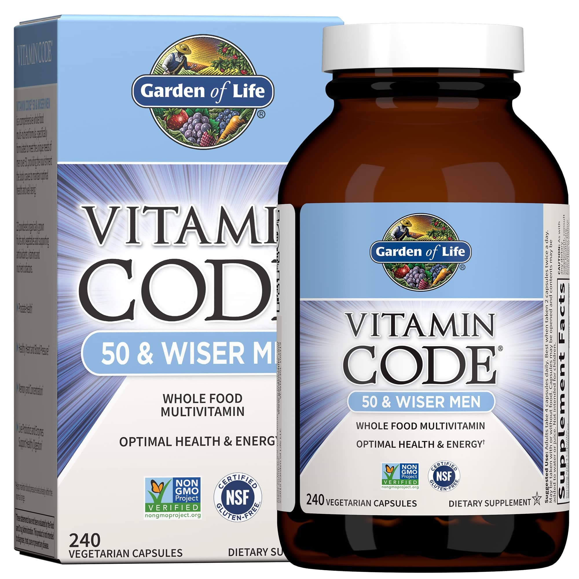 Multivitamin for Men - Vitamin Code 50 & Wiser Men's Raw Whole Food Vitamin Supplement with Probiotics, Vegetarian, 240 Capsules