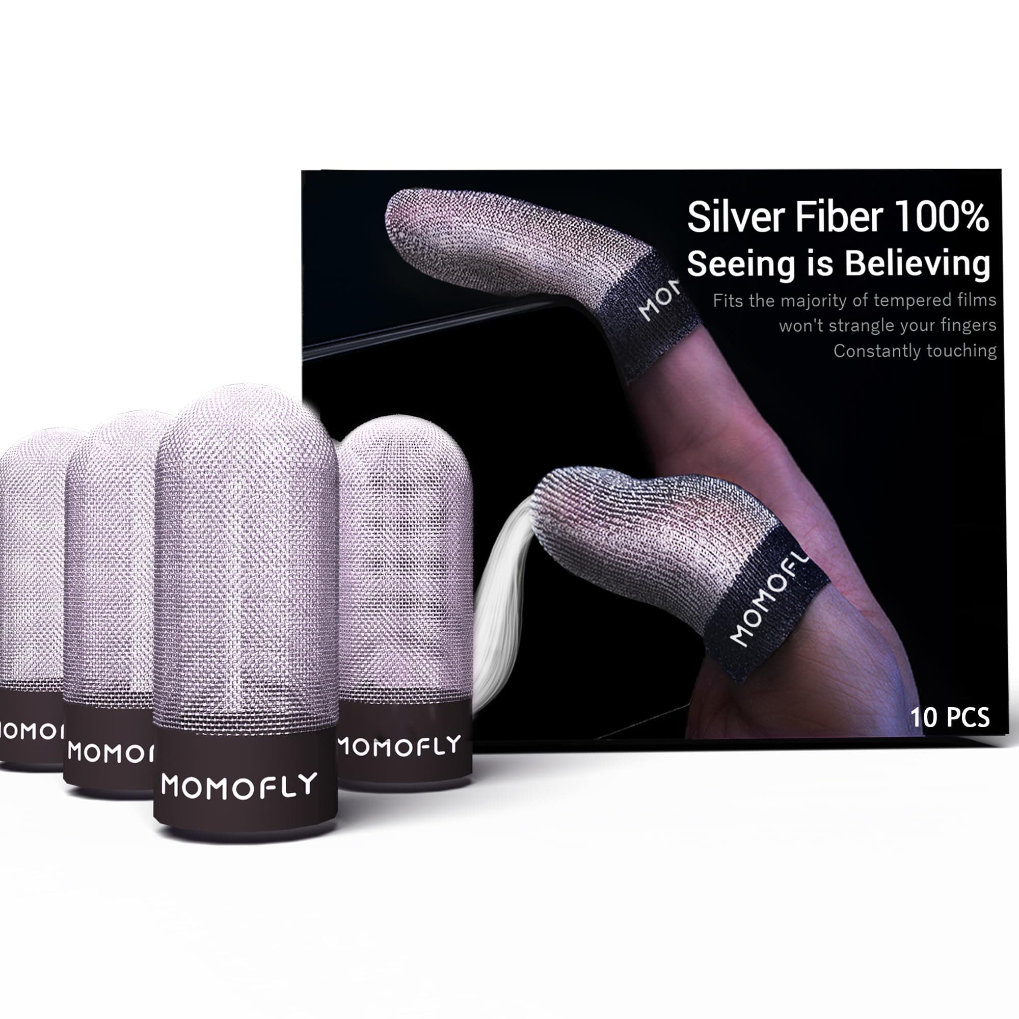 MOMOFLY Gaming Finger Sleeves,Customized for American Finger Sizes,100% Visible Silver Fibers,Just Right Pressure/Breathable/Sweatproof,Silver Bullet Ⅰfor COD Mobile PUBG Gaming Glove(10P) (M)
