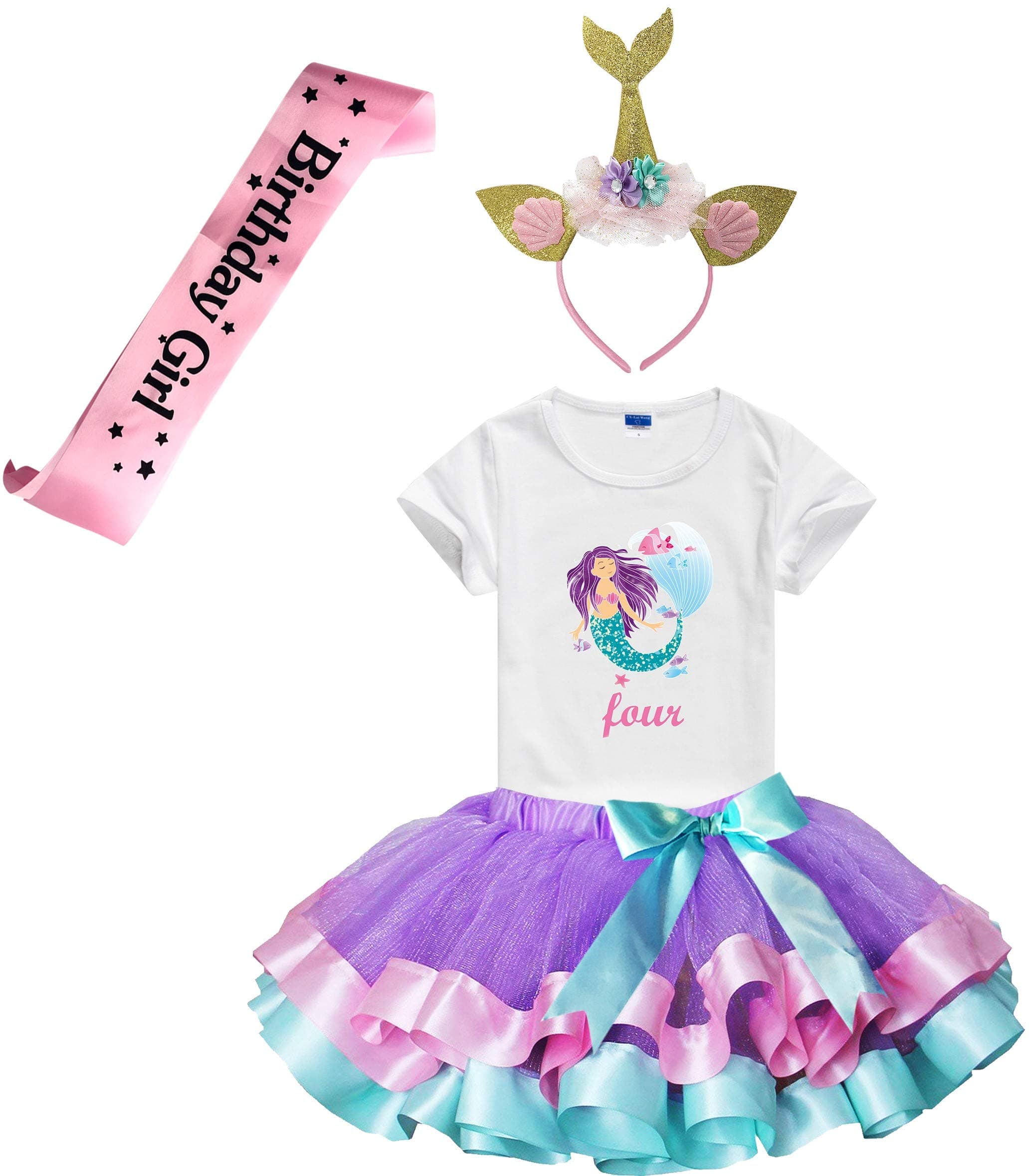 YorikoGirls Lavender Tutu Dress with Mermaid Birthday Tshirt & Headband, 3-8 Years