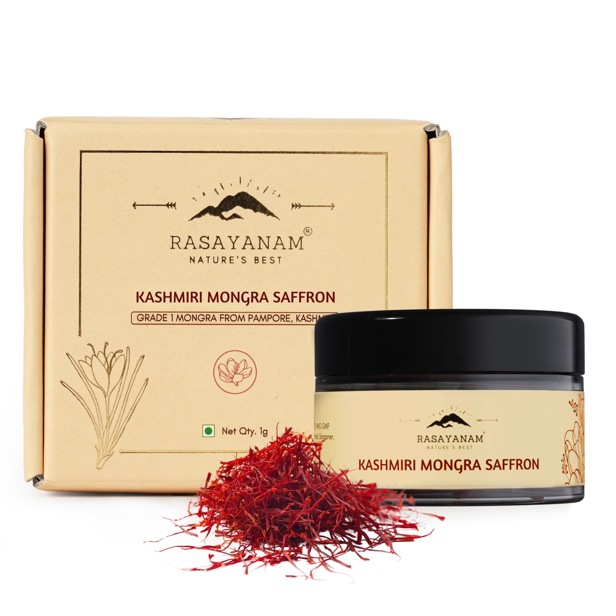 Rasayanam Pure Original Kashmiri Saffron/Kesar/Kumkuma Puvvu (1gm) | Certified highest Grade-A Keshar | Saffron for pregnant women, Pooja rituals & Food aroma