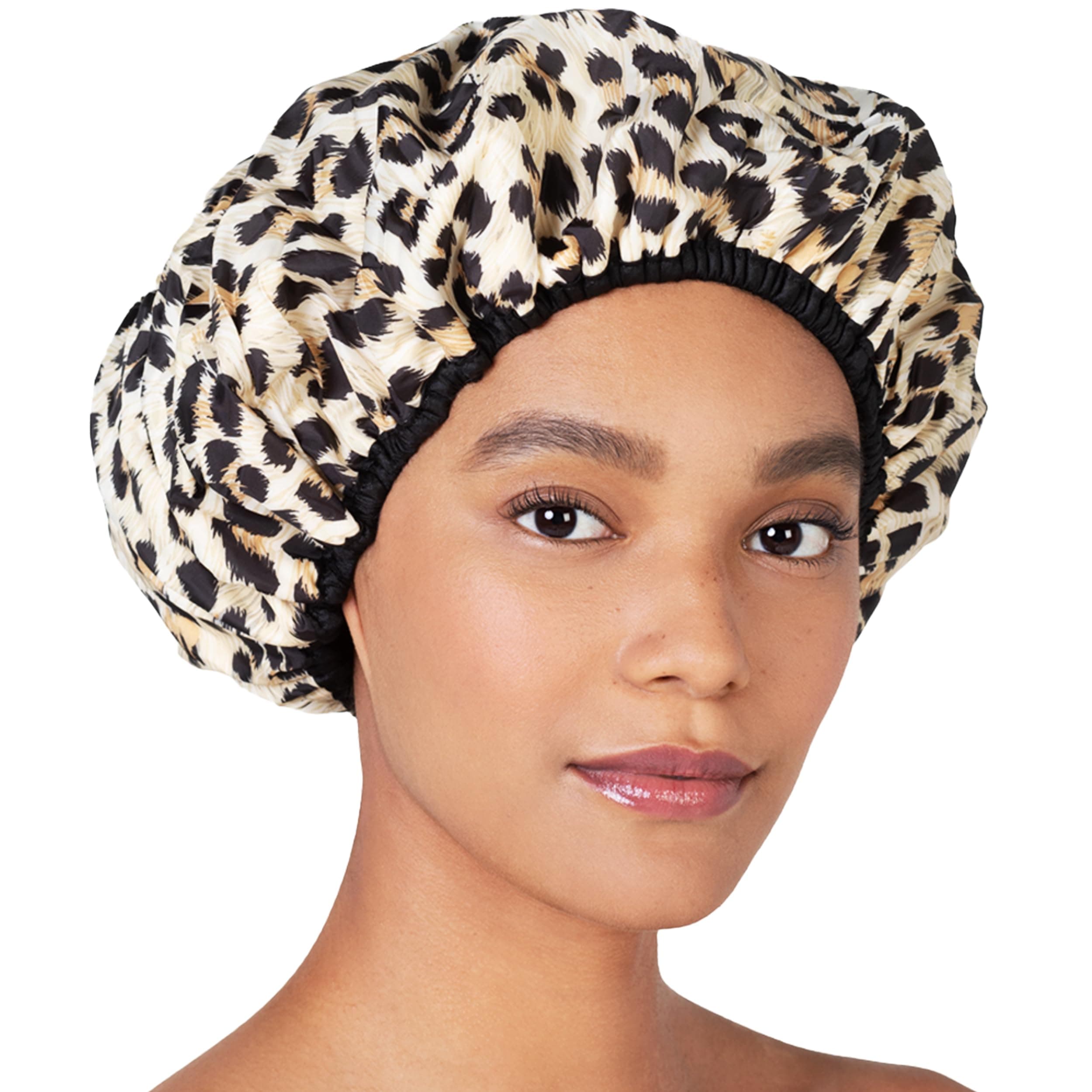 Reusable Nylon Bath & Shower Cap, Reversible Oversized Waterproof Shower Caps Large Designed for all Hair Lengths w Terry Lining & Elastic Band Stretch Hem Hair Hat - Socialite Safari Spots
