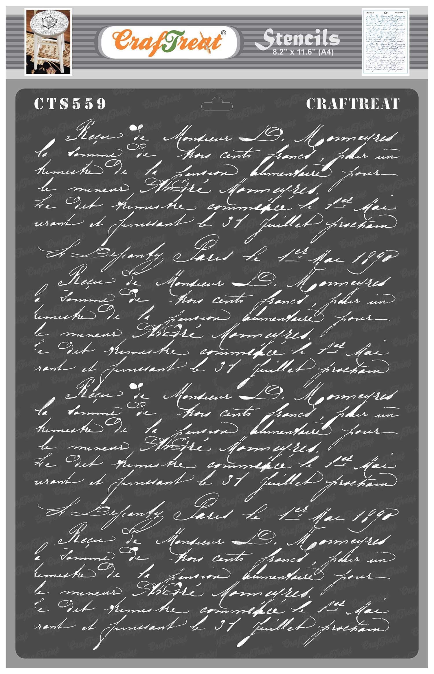 CrafTreat Reusable French Writing Stencils for Painting on Furniture, Wood, Canvas, Paper, Fabric, Wall and Tile - French Script - A4 (8.3 x 11.7 Inch) DIY Art and Craft French Letter Stencils
