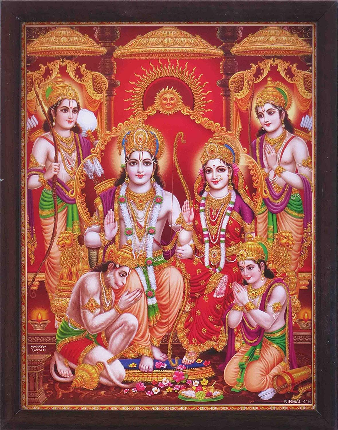 SANVIKA Hanuman Showing His Humbleness in Ram Darbar and Mata Sita Giving Blessings. A Holy Religious Poster Painting with Frame for Hindu Worship Purpose (COL13)