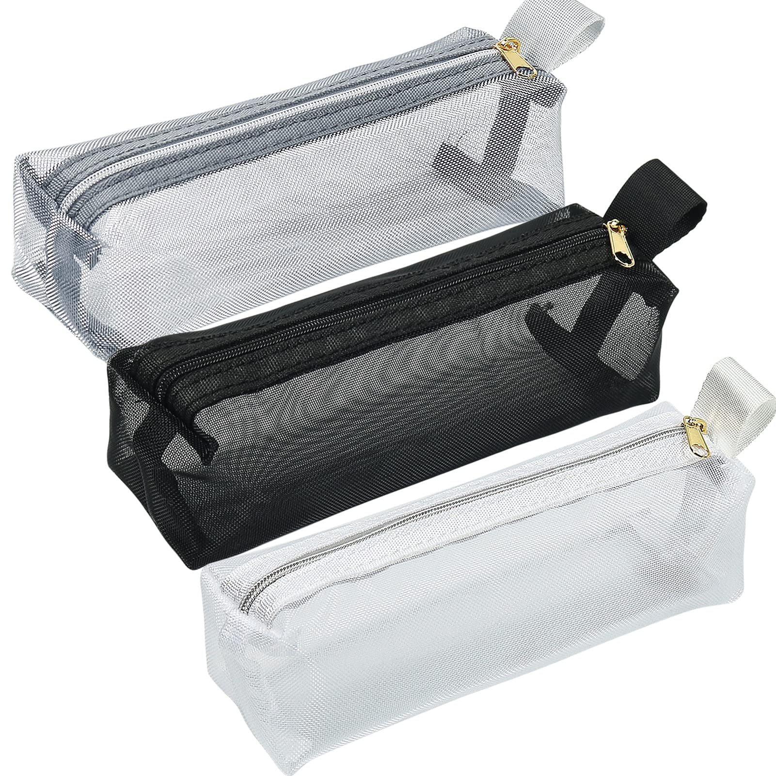 Mesh Makeup Brush Bag, 3pcs Nylon Cosmetic Pouch Slim Mesh Pencil Case with Zipper for Travel Office Purse Diaper Bag