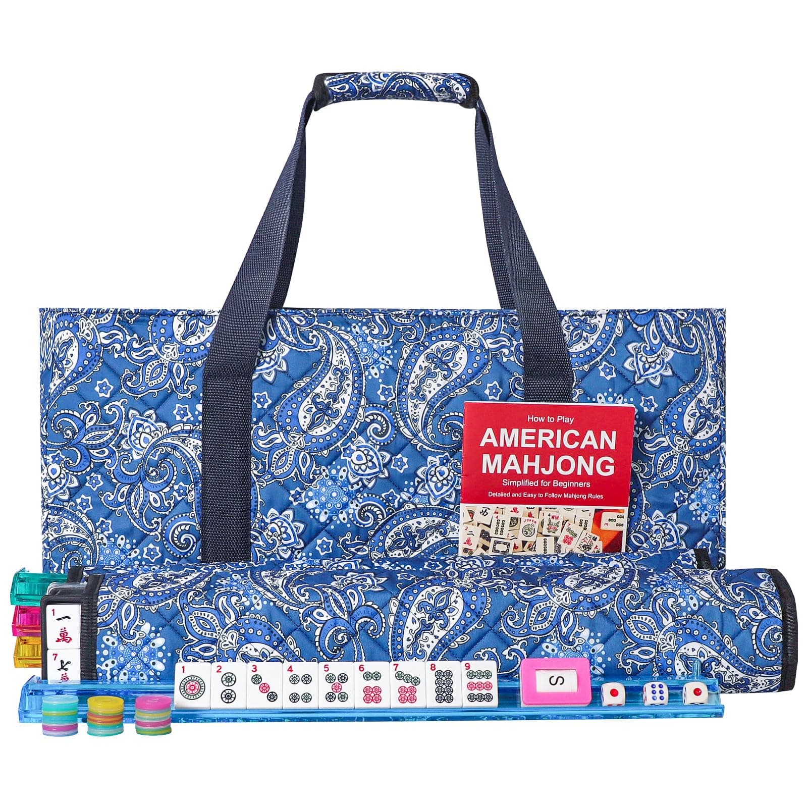 American Mahjong Game Set, 166 Quality White Tiles, 4 All-in-One Color Rack/Pushers, Mahongg Tile Set with Blue Printed Carrying Bag