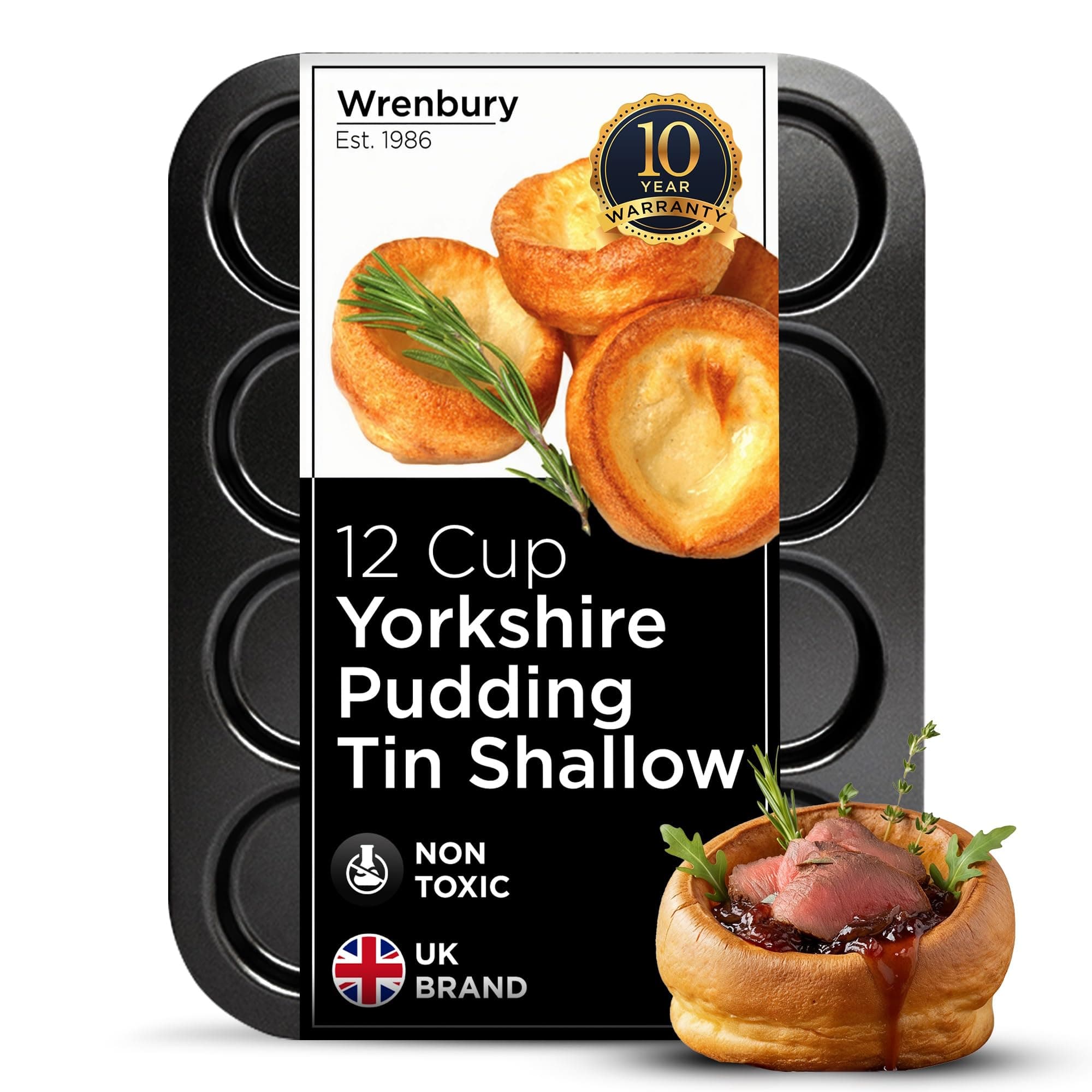 Toughened Yorkshire Pudding Pan 12 Hole - Shallow Non Stick Baking Tin - Heavy Carbon Steel - PFOA Free Food Safe - Perfect for British Yorkshires