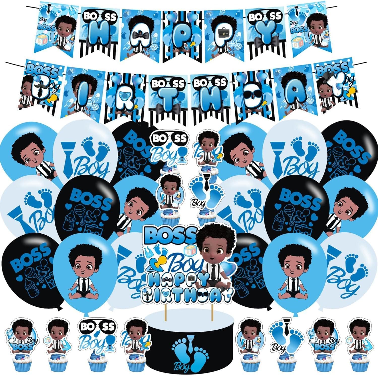 Boss Boys Theme Birthday Party Decoration, Includes Cake Topper, 18 Latex Balloons, Happy Birthday Banner, 12 Cupcake Toppers - Blue