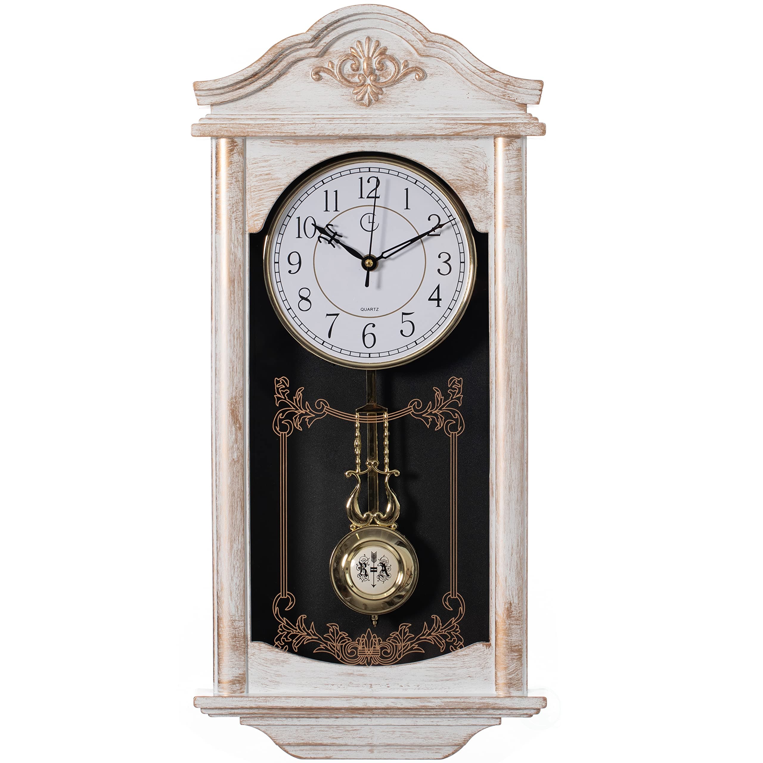 Clockswise Large Vintage Grandfather Wood- Looking Plastic Pendulum Wall Clock for Living Room, Kitchen, or Dining Room, Large White