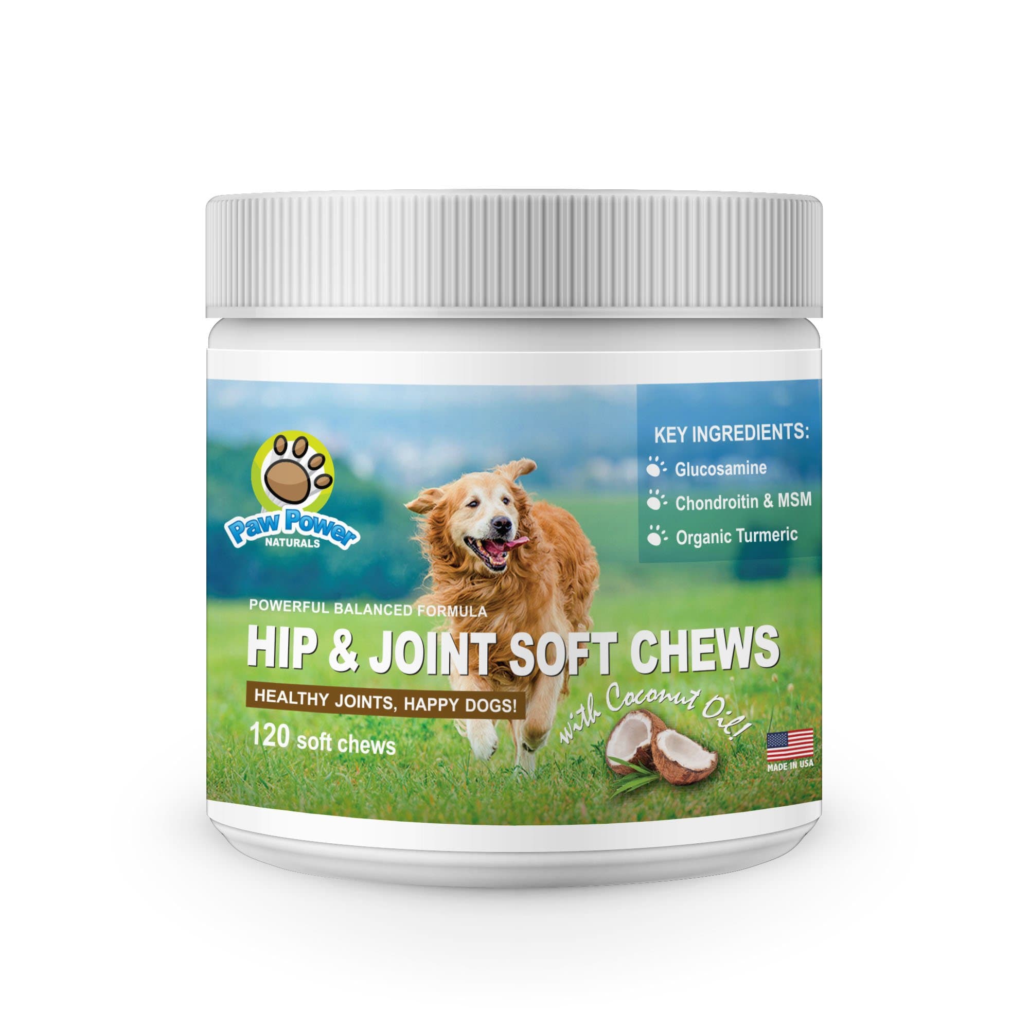 Paw Power Glucosamine for Dogs - Advanced Hip and Joint Support with Organic Turmeric, Chondroitin, MSM, Coconut Oil; Supports Healthy Joint Function & Helps with Pain Relief for Your Dog