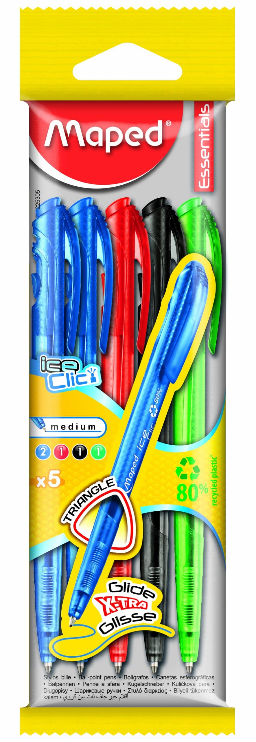 Maped Ice Clic Retractable Ballpoint Pens, Assorted Colors, Pack of 5 (225305)