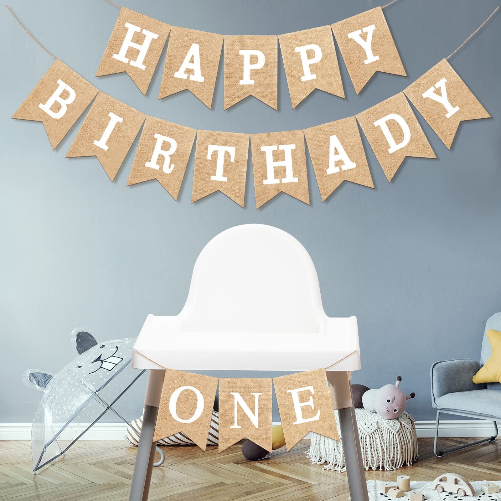 1st Birthday Party Decoration First Birthday Banner Rustic Happy 1st Burlap Banner One High Chair One Sign for Baby Girl Boy First Nursery Supplies, White Alphabet
