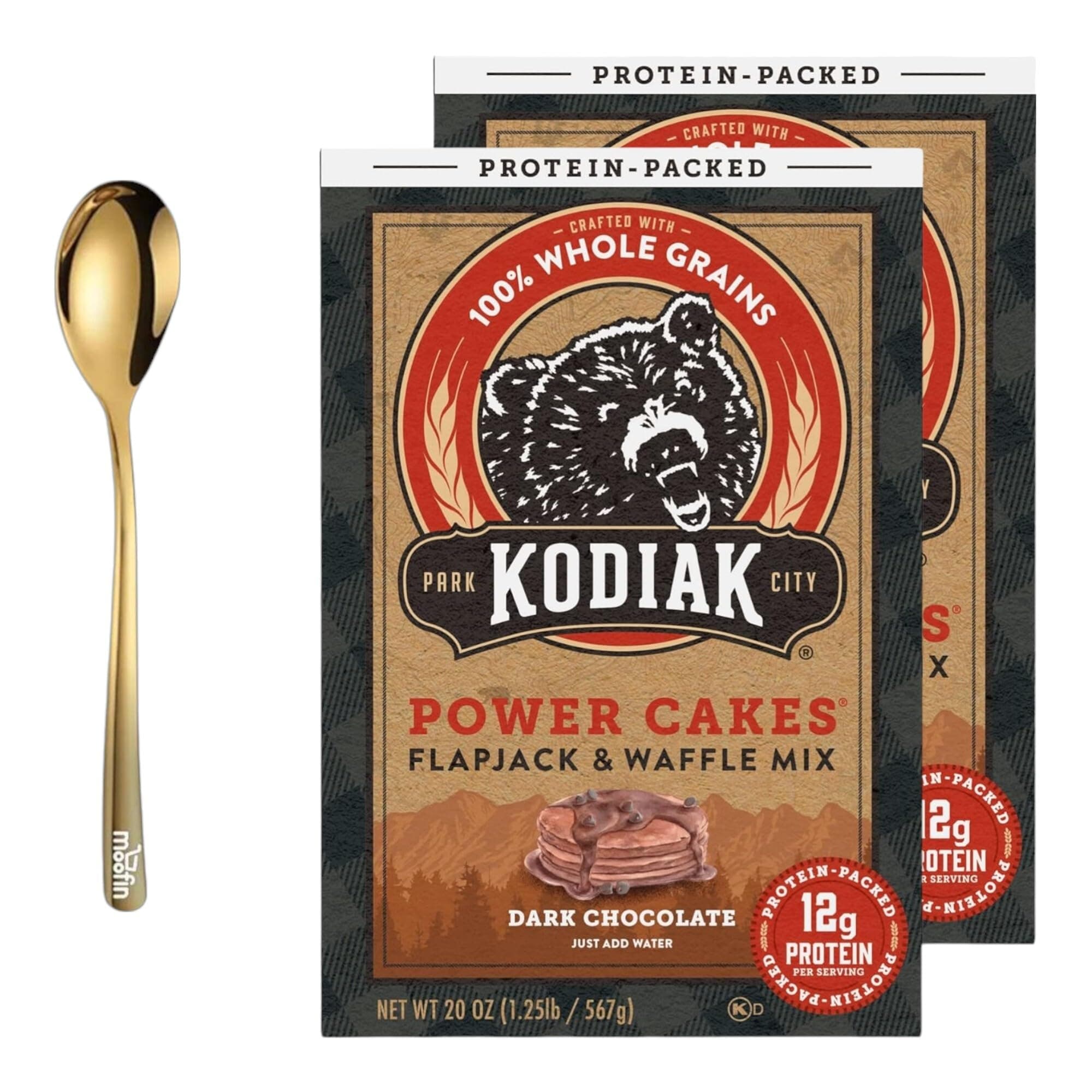 moofinKodiak Cakes Flapjack and Waffle Dark Chocolate Mix, 20oz - High Protein Pancake Mix with Stainless Steel Spoon -Goldr, Pancake Mix Protein 12g per Serving (Pack of 2)