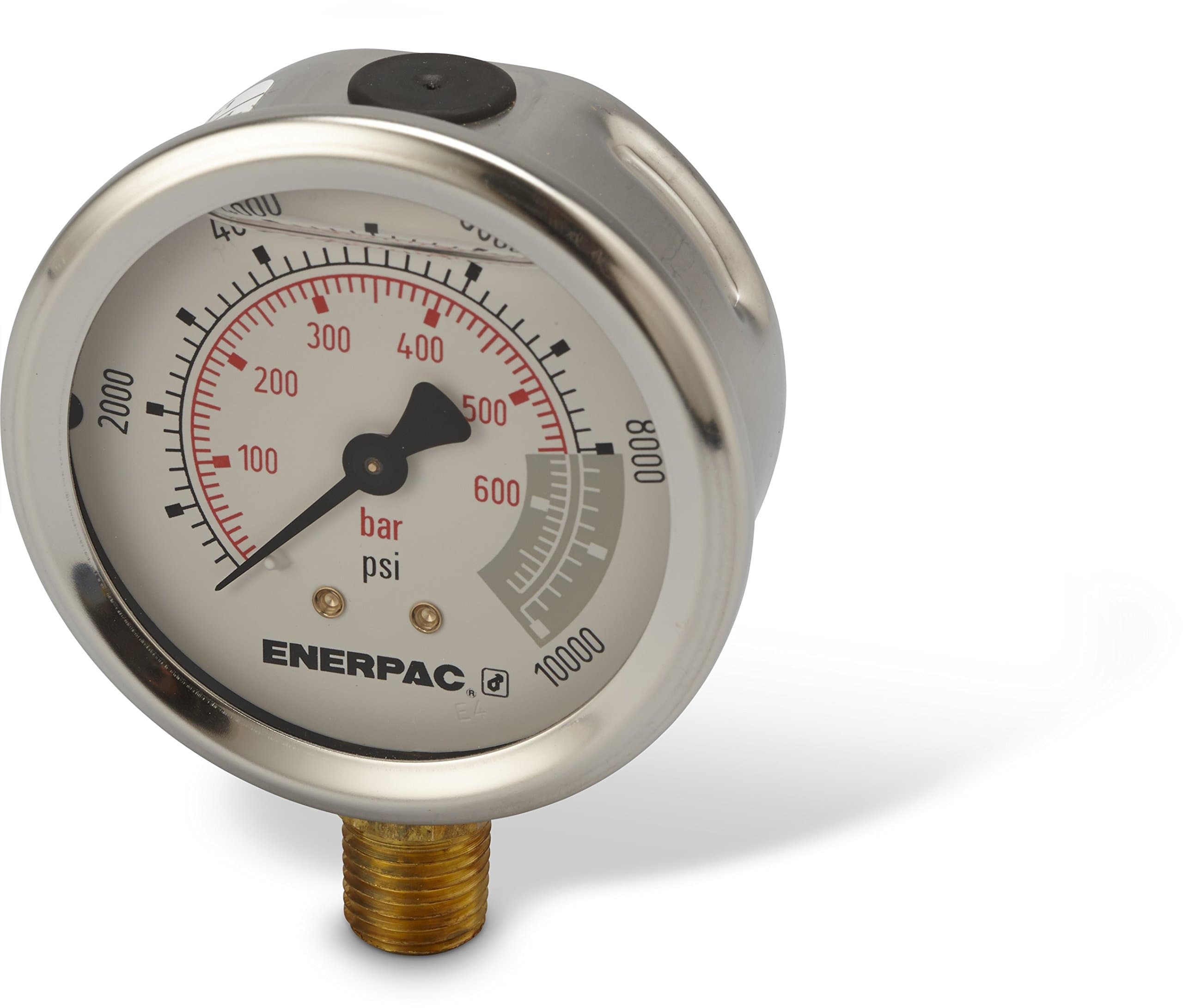 Enerpac G2535L Hydraulic Pressure Gauge with Dual 0 to 10,000 PSI and 0 to 700 Bar Range, 2-1/2"-Dia. Face, 1/4" NPTF Male, Lower-Mount Connection