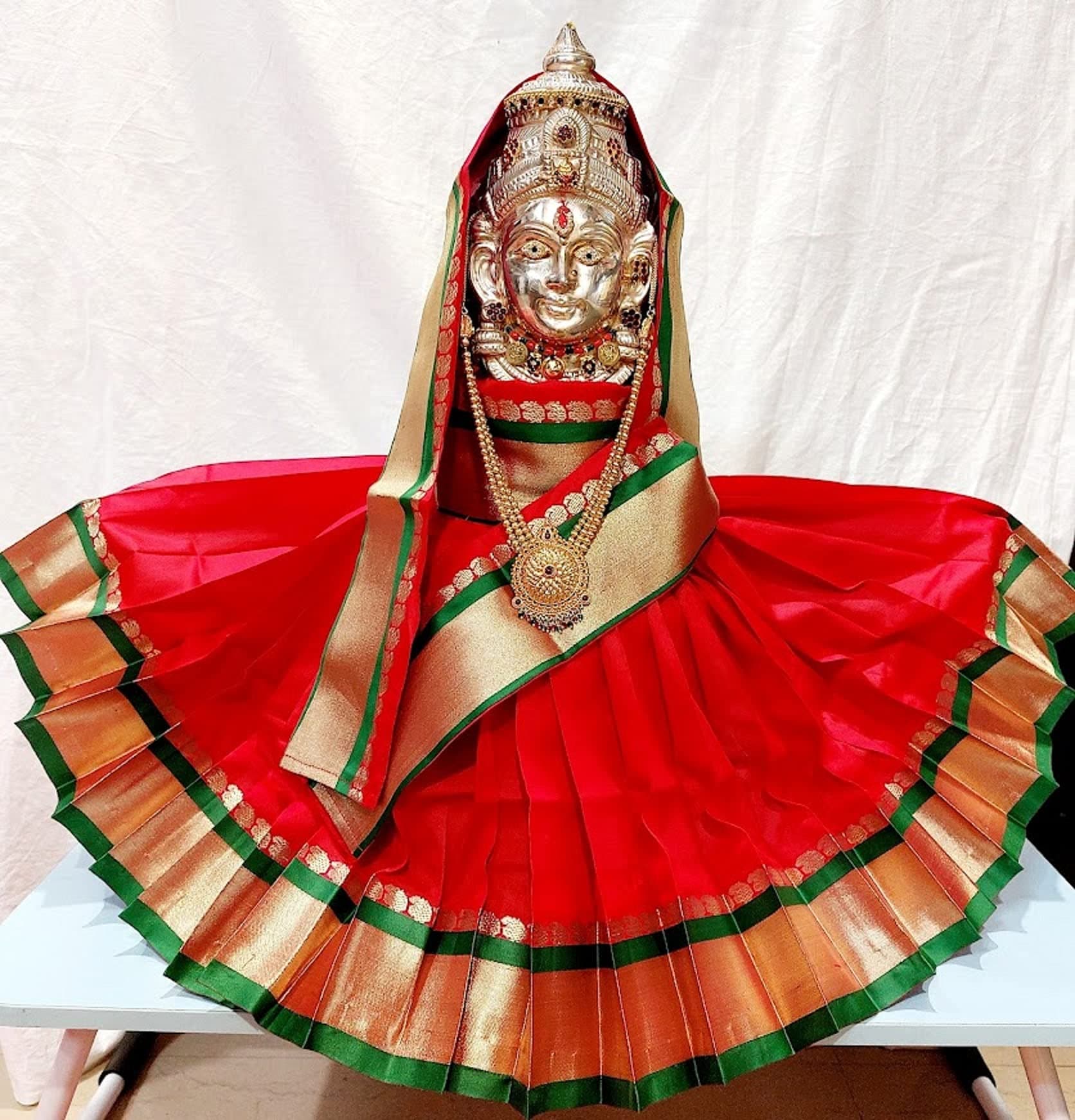 Navaratri Goddess Kalash Women's Silk Saree , Mata Rani Poshak, Maa Laxmi, Durga, Saraswati, Radha Chunri Patka and Lehenga/Ghagra Dress (Red , Height is 15 inch and width is 14 inch)