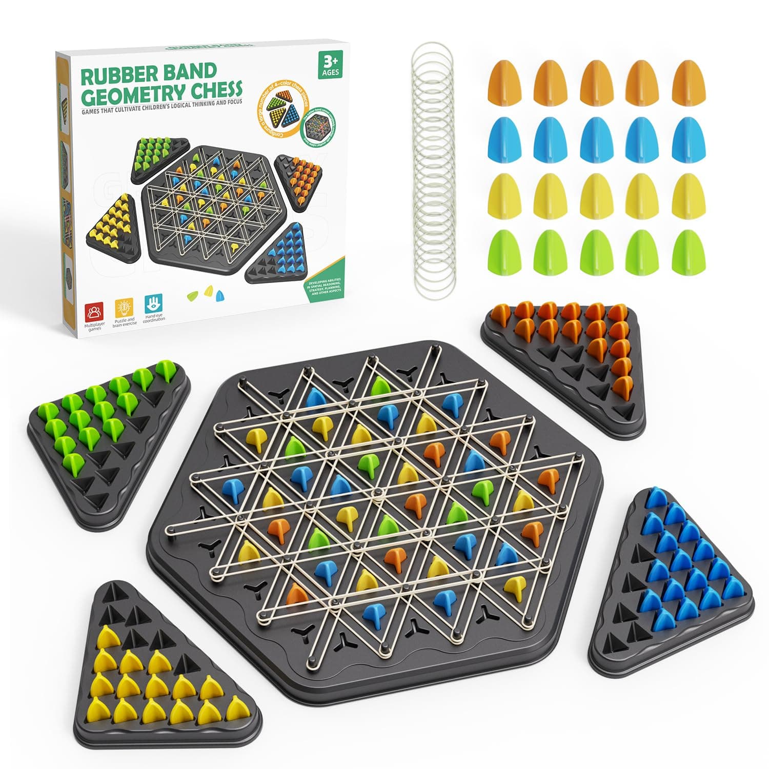 Chain Triangle Chess Game, Strategy Board Games for Kid 6-8-12, Chess Board Games for Adults, Family Games for Kids Adults, Triangle Rubber Band Game, 2 to 4 Players, Kids Christmas Birthday Gifts