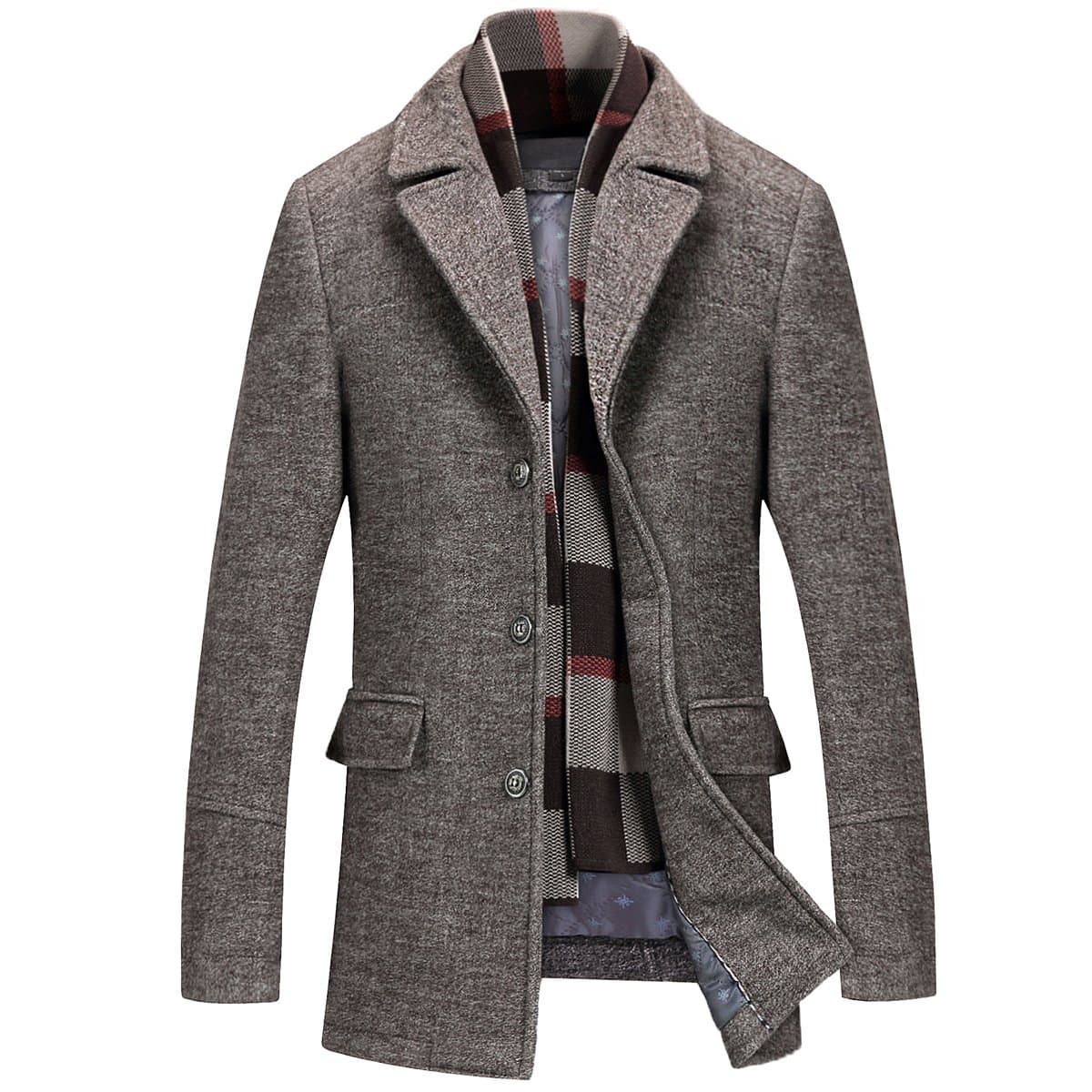 Mirecoo Men's Elegant Winter Warm Short Woolen Coat Business Jacket Free Detachable Soft Touch Wool Scarf