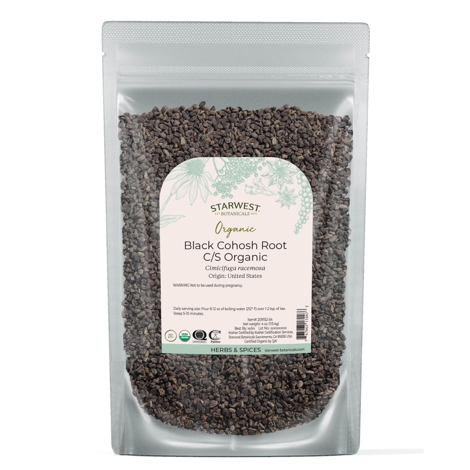 Organic Black Cohosh Root - Dried Loose Herb for Tea, Cut & Sifted, Certified Kosher, Non-GMO - 4 oz Pouch