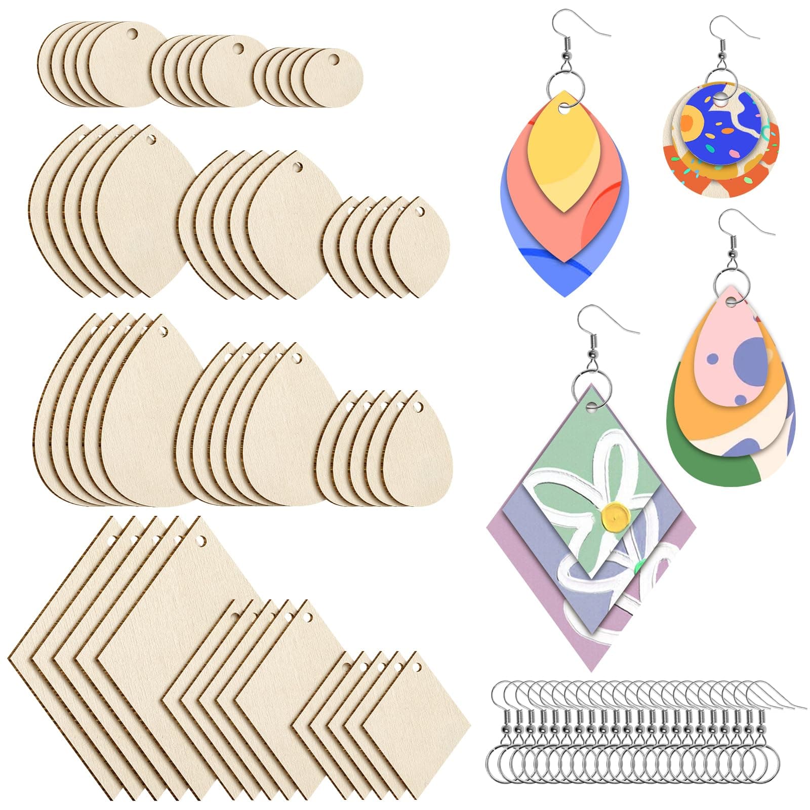 320 Pieces Unfinished Wooden Earrings Blank Wood for Earring Pieces 4 Shapes for Wooden Earring with 100 Pieces Earring Hooks &100 Pieces Jump Rings
