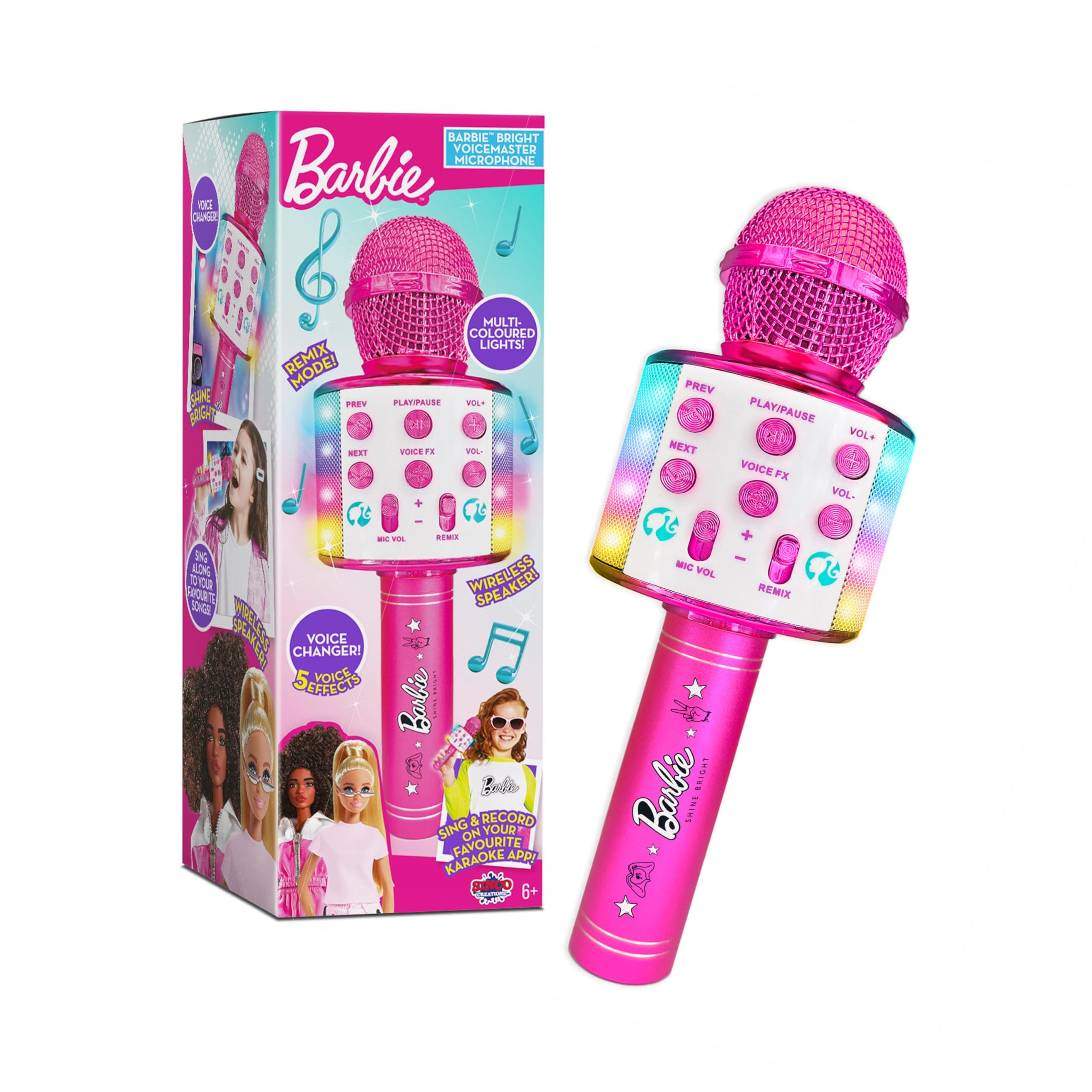 Sinco Creations Barbie Bright Voicemaster Microphone Karaoke Microphone Wireless Speaker Multicoloured Lights 5 Voice Effects Singing & Recording Barbie Role Play