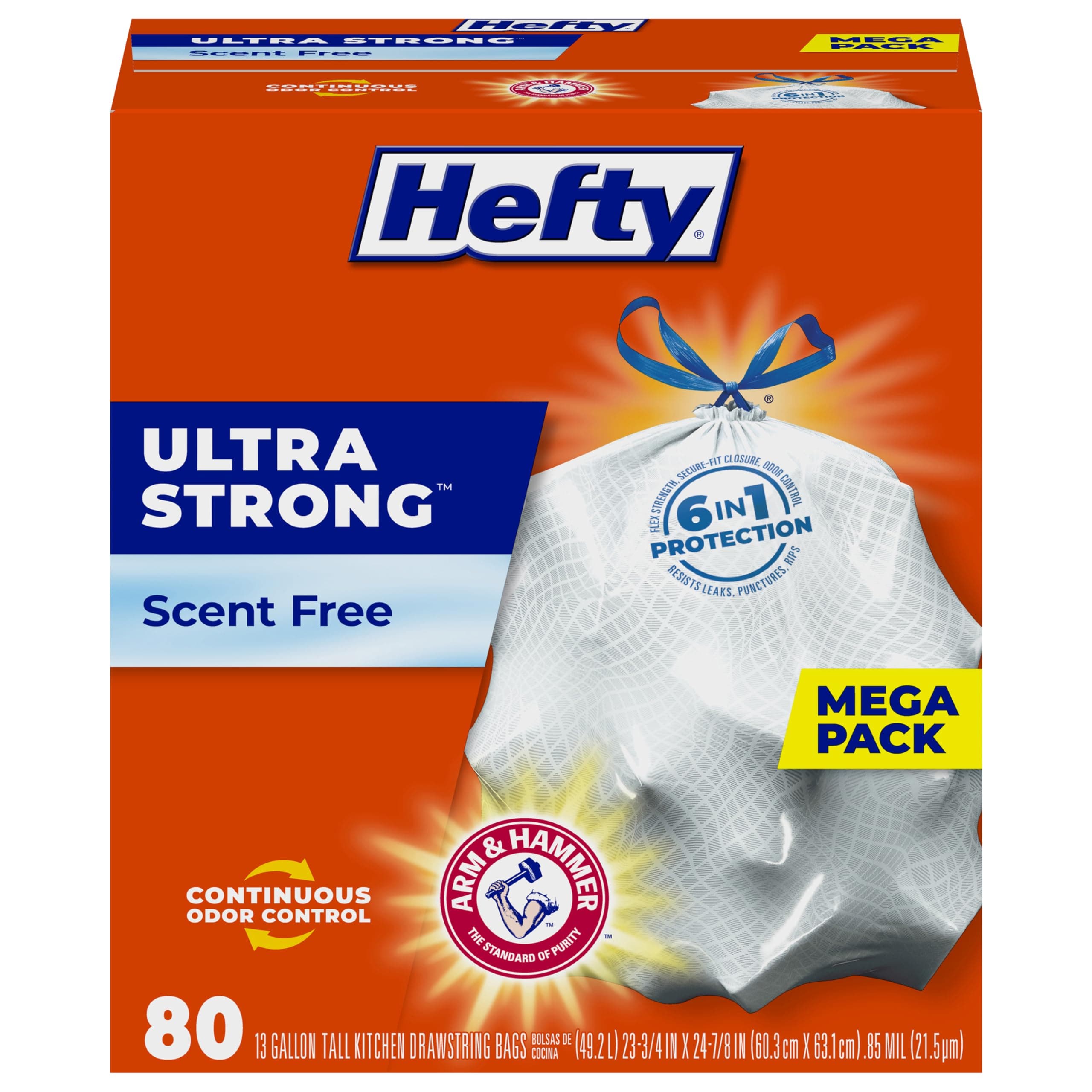 Hefty Ultra Strong 13 Gallon Trash Bags, Tall Kitchen Trash Bags 13 Gallon Size, Drawstring Closure, Continuous Odor Control, White, Unscented, 80 Bags