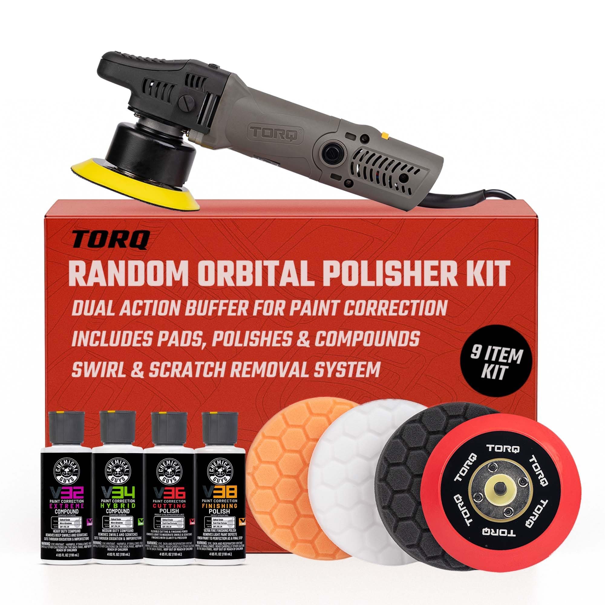 TORQX Random Orbital Polisher, Pads, Polishes, and Compounds Kit - Car Polishing Kit Safe for Trucks, SUVs, Motorcycles, and More, 700W Motor, 8mm Orbit, 9-Piece Set