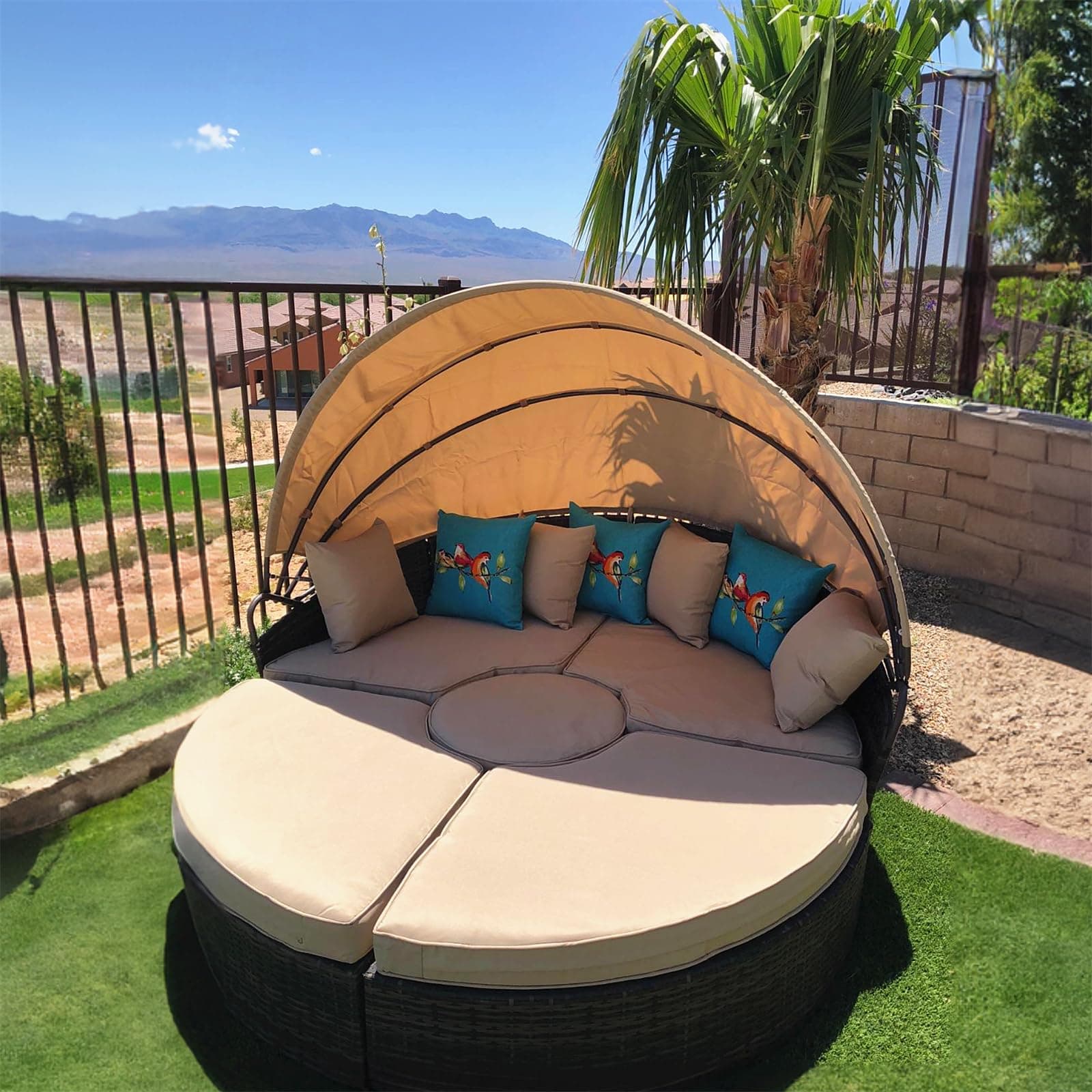 SUNCROWN Outdoor Patio Round Daybed with Retractable Canopy, Brown Wicker Furniture Clamshell Sectional Seating with Cushions, Backyard, Porch, Garden (Brown)