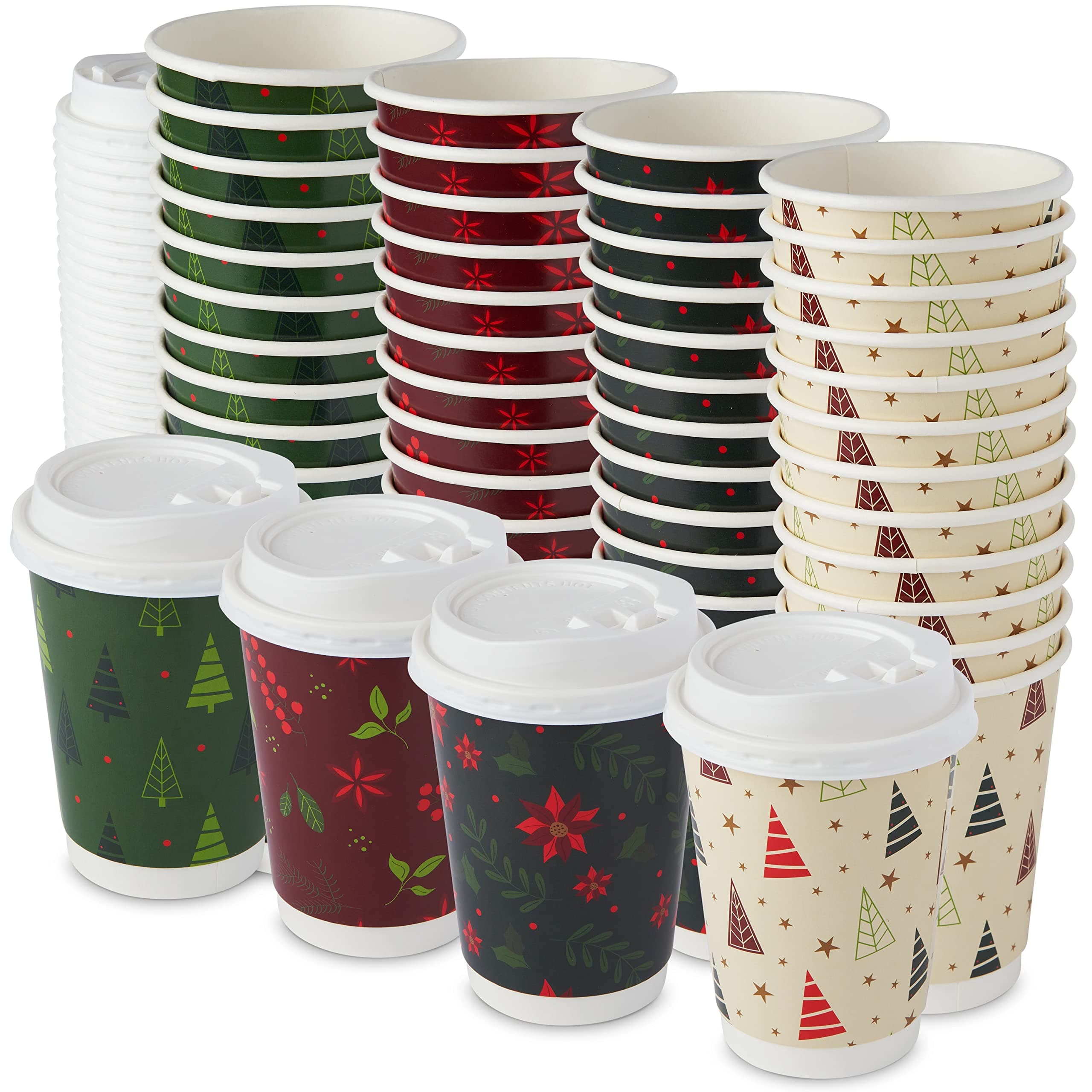 48 Christmas Disposable Coffee Cups with Lids – 12oz Double Walled Insulated Disposable Paper Coffee Cups To Go, 4 Christmas Designs of Cute to Go Coffee Cups with Lids