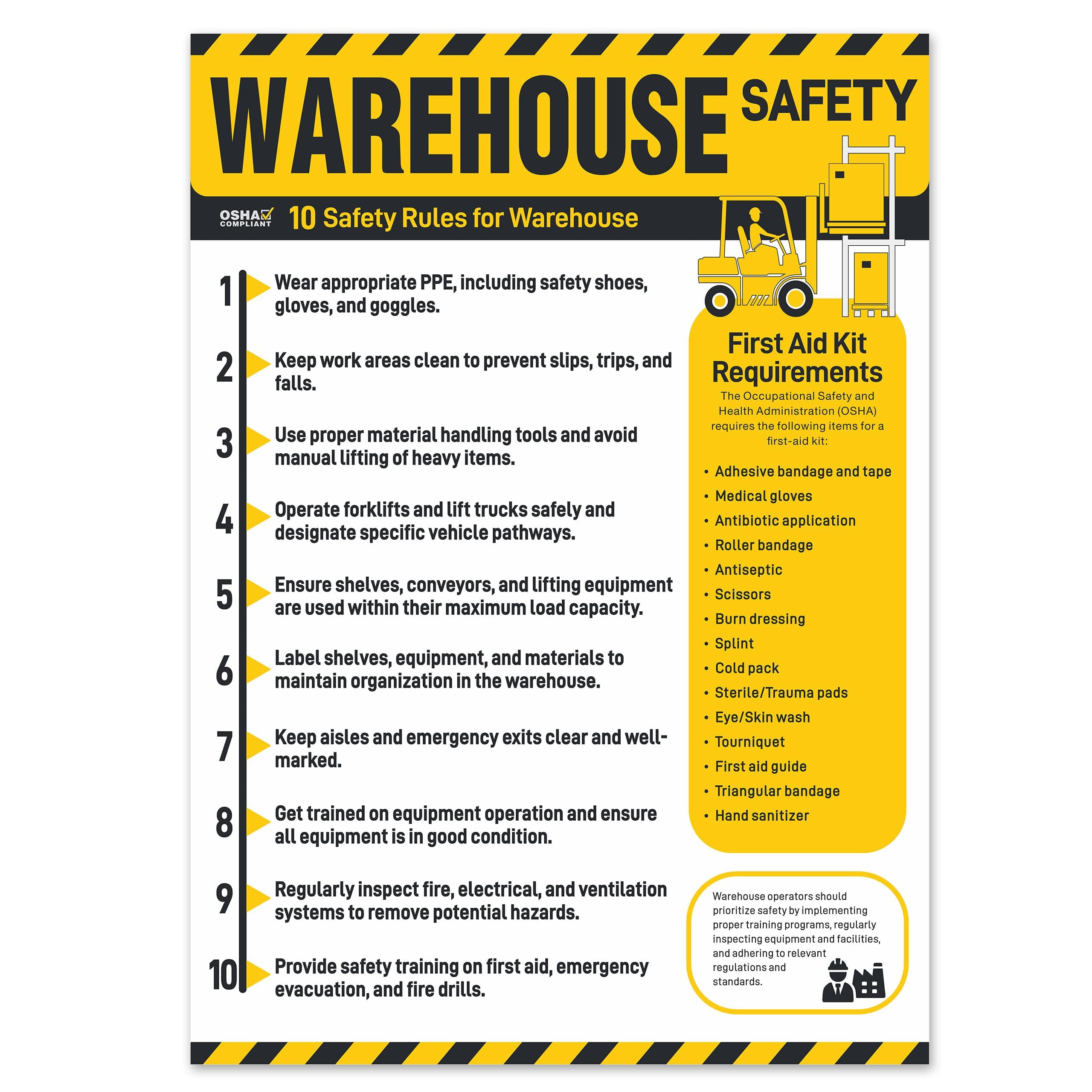 Inkfonts Warehouse Safety Poster, 18" x 24", OSHA-Compliant, Yellow, Laminated, Waterproof, Tear-Resistant, Informative Style, Ideal for Warehouse, Industrial, Office, Warning, Safety Uses