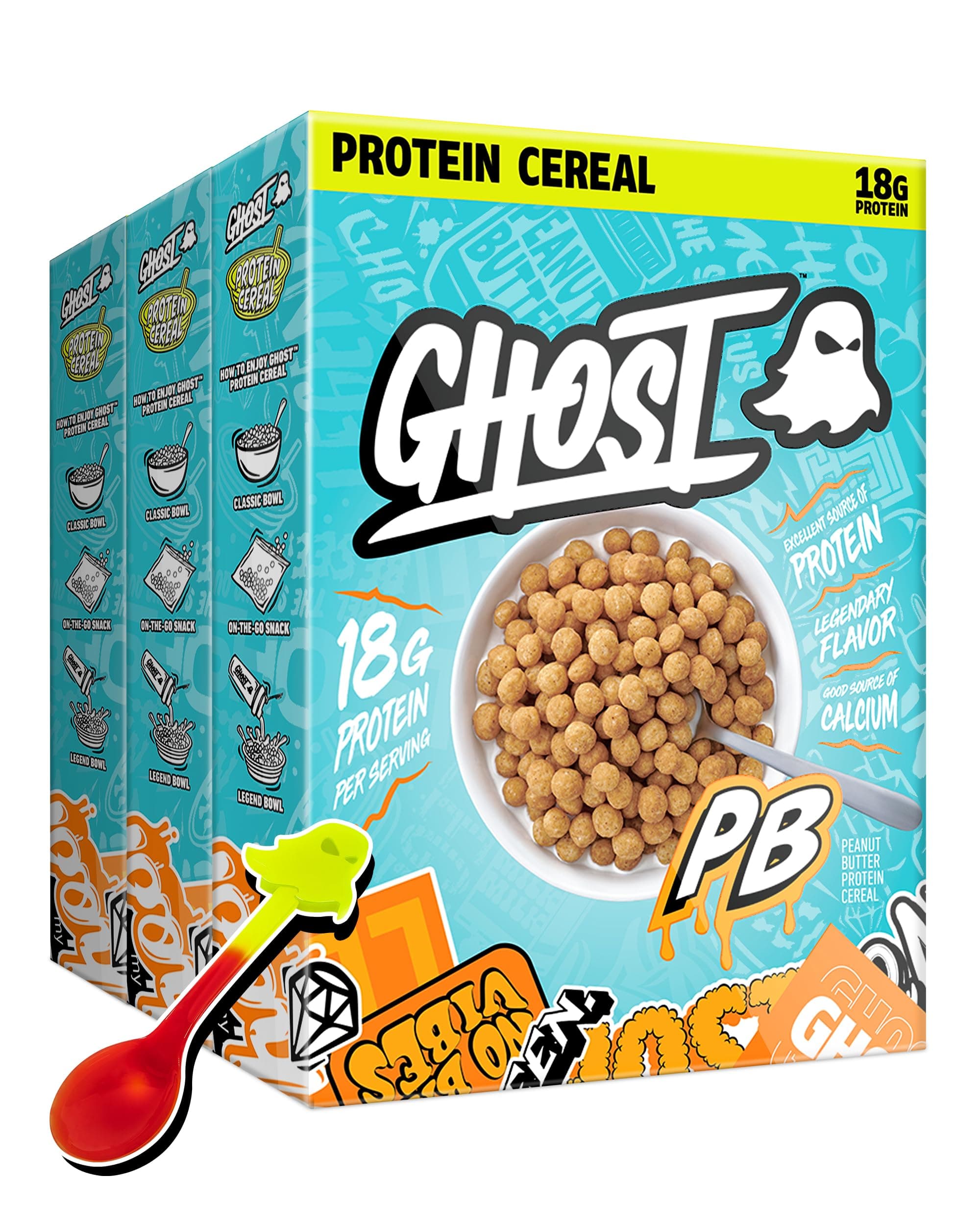 - GHOST Protein Cereal, Peanut Butter Flavor (3-Pack) - Crunchy Peanut Butter Cereal Puffs - 18G Protein, Good Source of Calcium - Breakfast Cereal & Snack - 10.8oz Box with Spoon Included