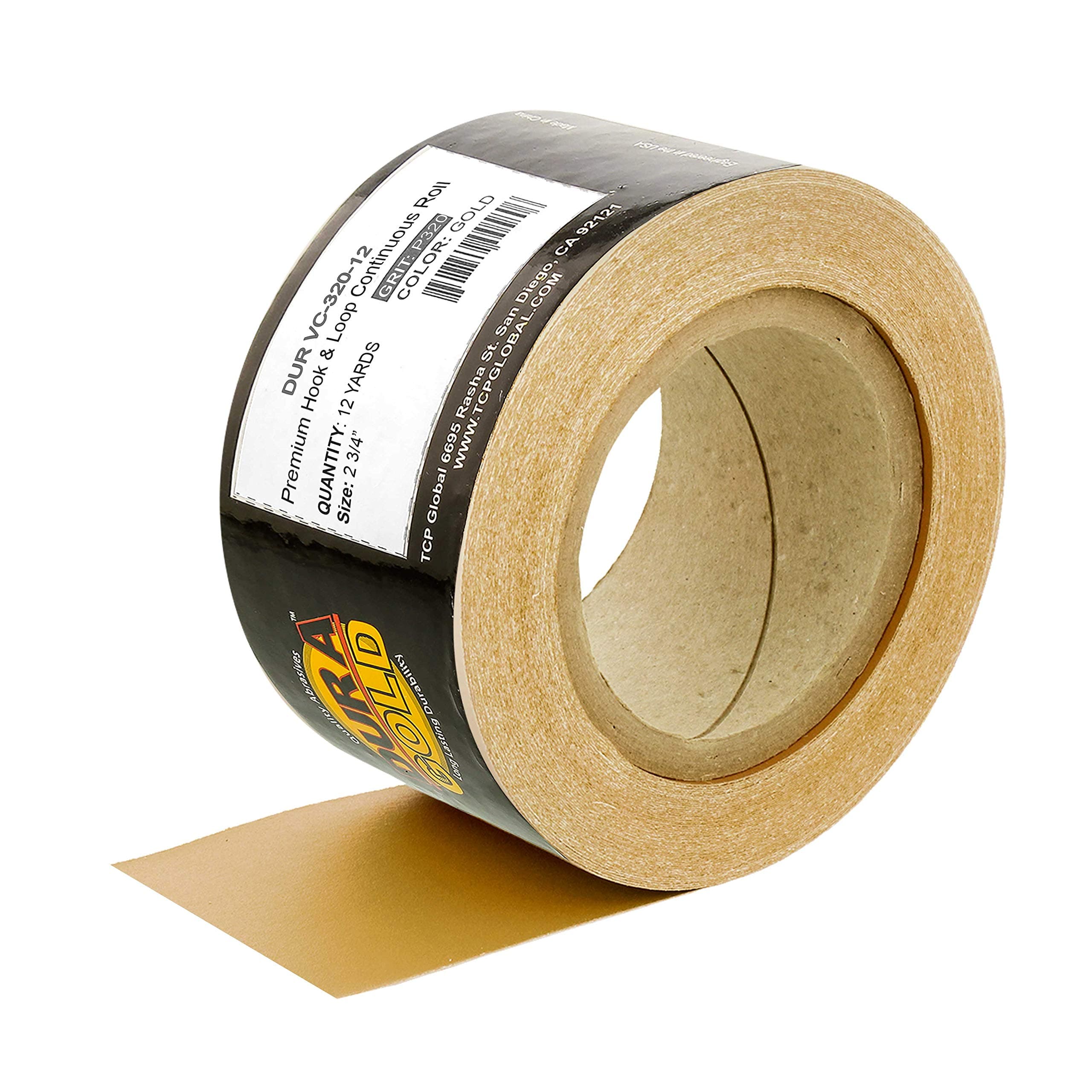Dura-Gold Premium - 320 Grit Gold - Hook & Loop Backing Longboard Continuous Sandpaper Roll, 2-3/4" Wide, 12 Yards Long - For Automotive & Woodworking Air File Long Board Sanders, Hand Sanding Blocks