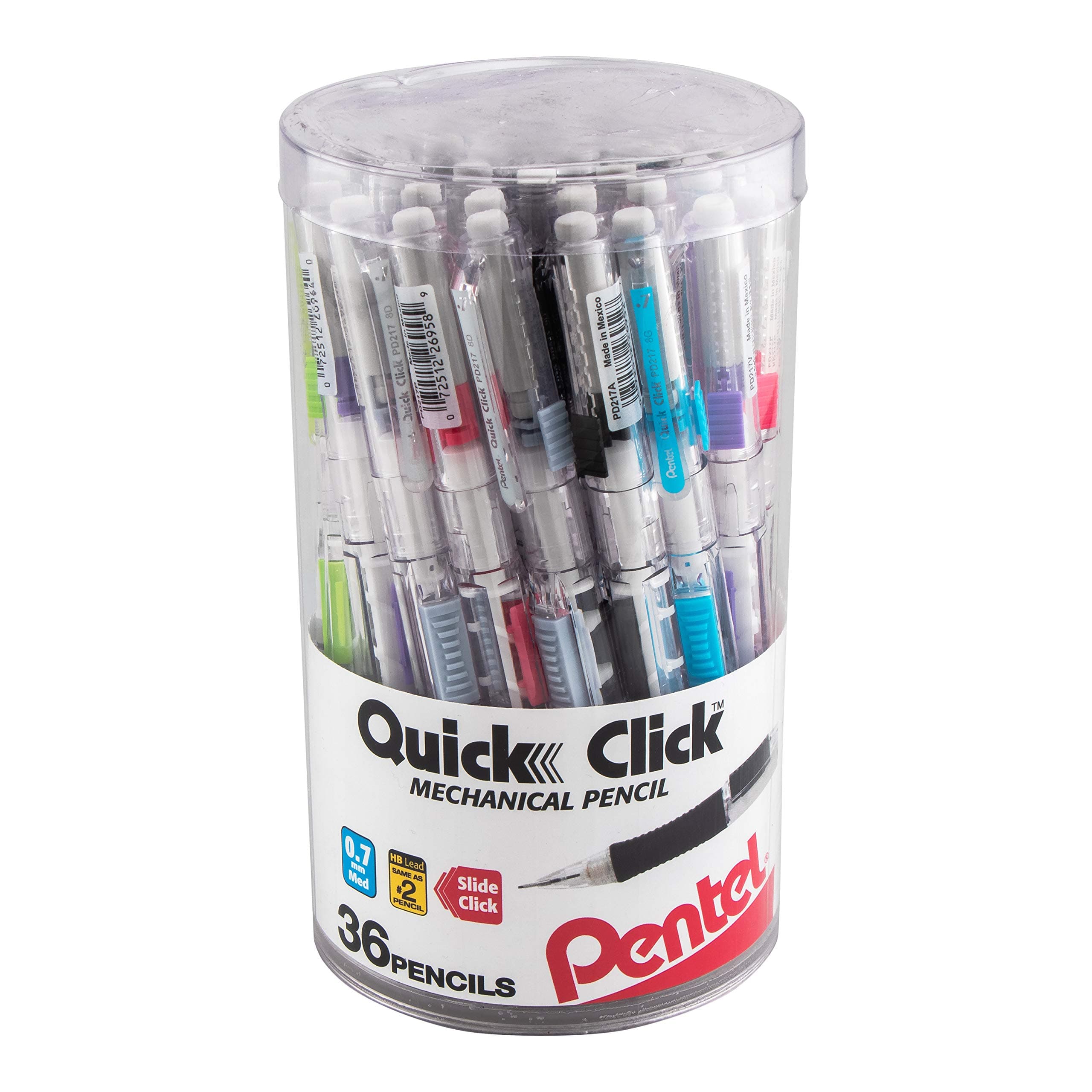 Quick Click Mechanical Pencil, (0.7mm) Med Line, Canister, Assorted Colors (A/D/N/P/S/V), 36-PK (PD217PC36M)
