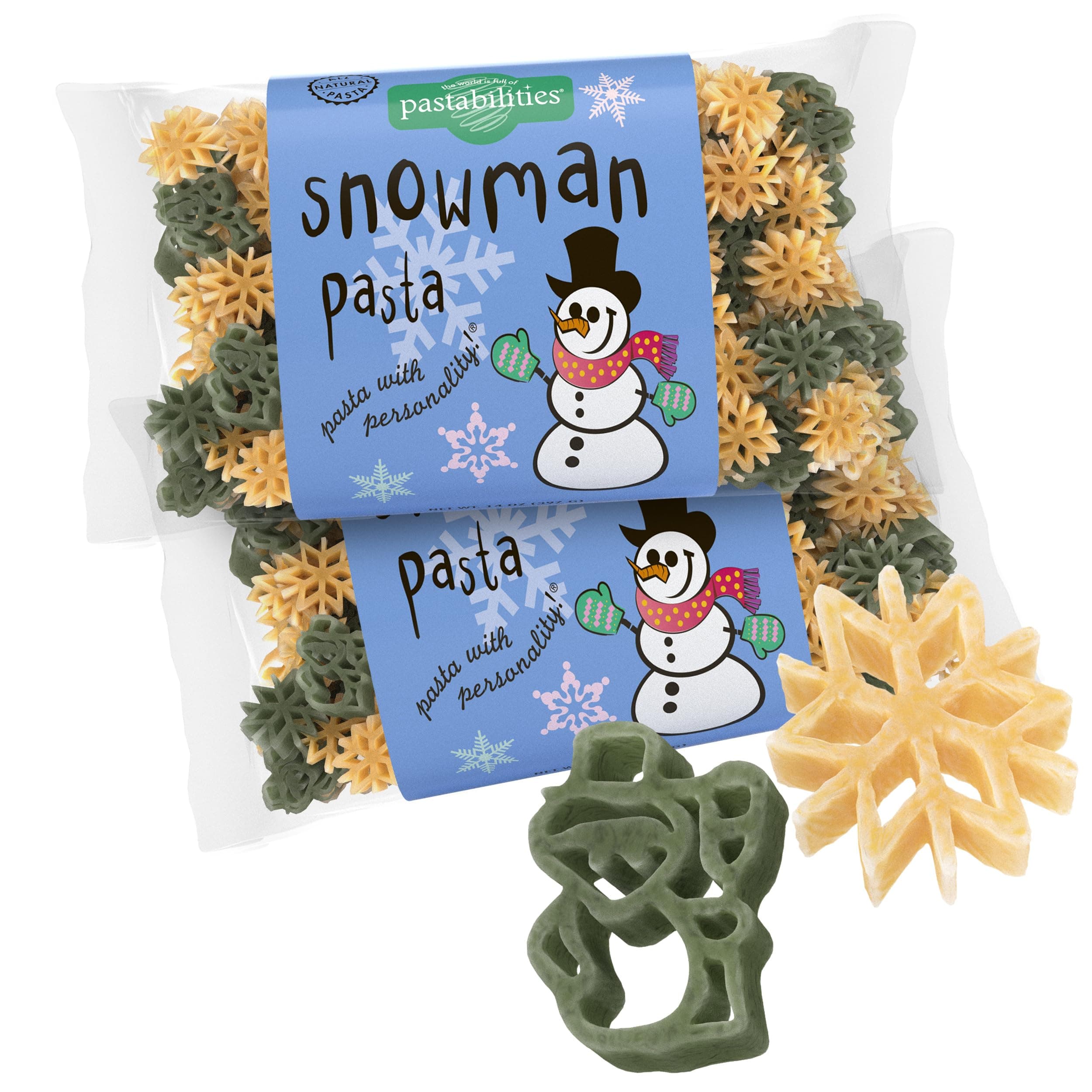 Pastabilities Fun Shaped Pasta for Kids - Christmas - Snowman and Snowflake Holiday Theme, Non-GMO Natural Wheat and Vegetable Pasta, All-Natural, Kosher Certified, Made in the USA, (2 Pack, 14 Oz)