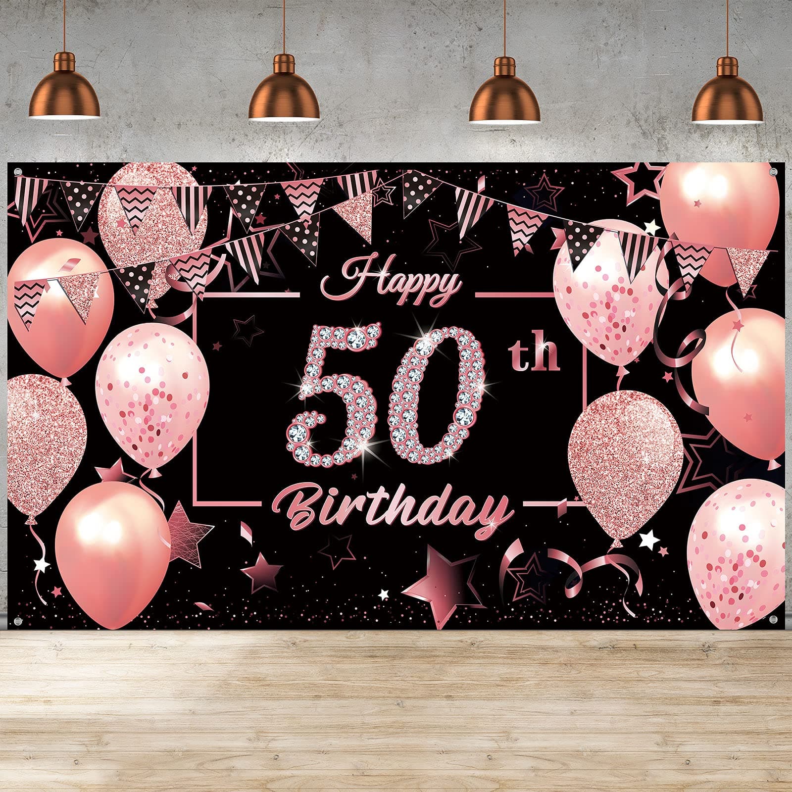 Happy Birthday Banner Backdrop Decorations Extra Large Fabric Black Rose Gold Birthday Sign Poster Photography Backdrop Banner for Anniversary Birthday Party Decorations Supplies (50th Style)