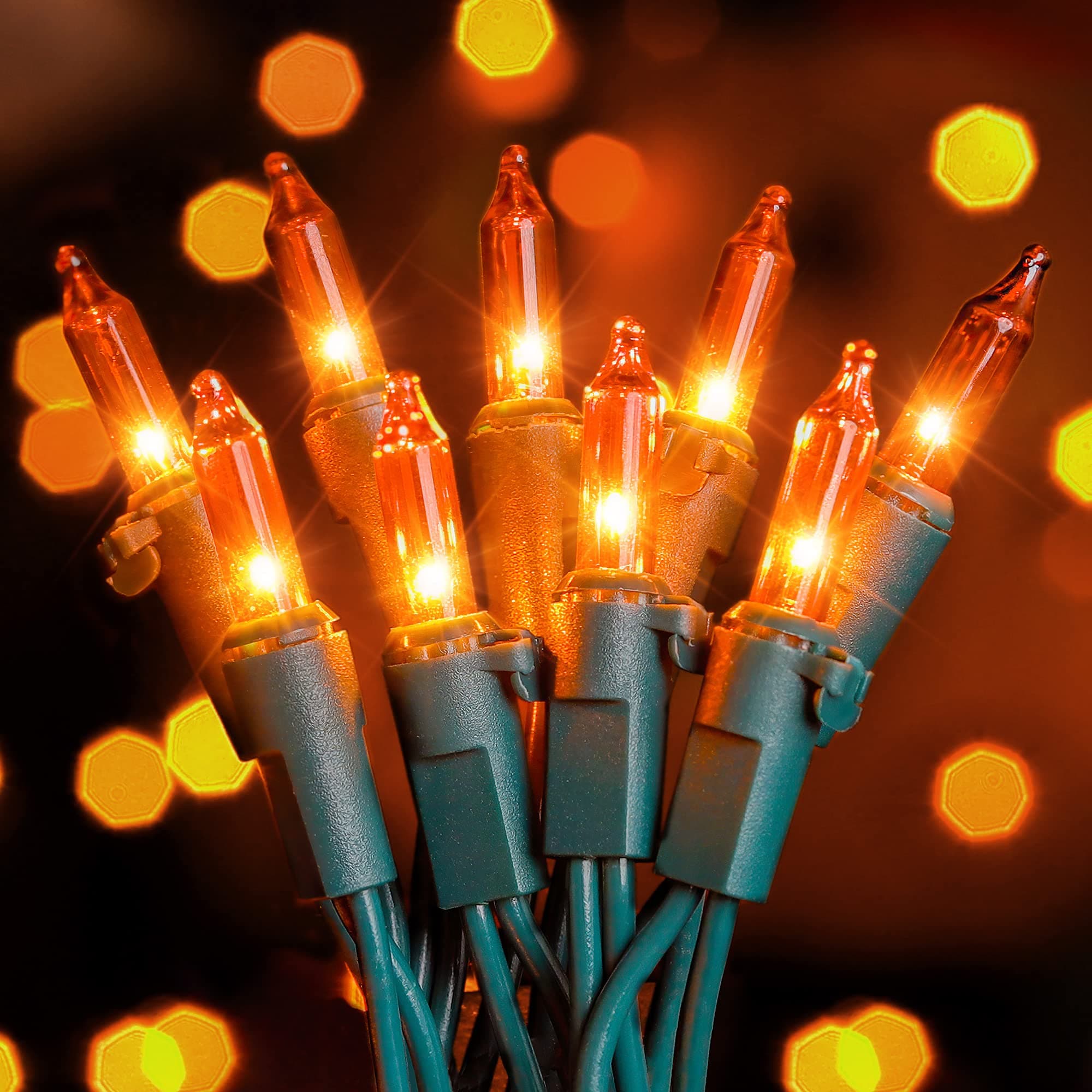 Hopolon Mini Orange Halloween Lights, 2PACk 50 Count Incandescent Christmas String Lights, 13 FT 120 V Xmas Tree Lights for Christmas,Thanksgiving, Patio, Party, Home, Indoor Outdoor Decor, Orange