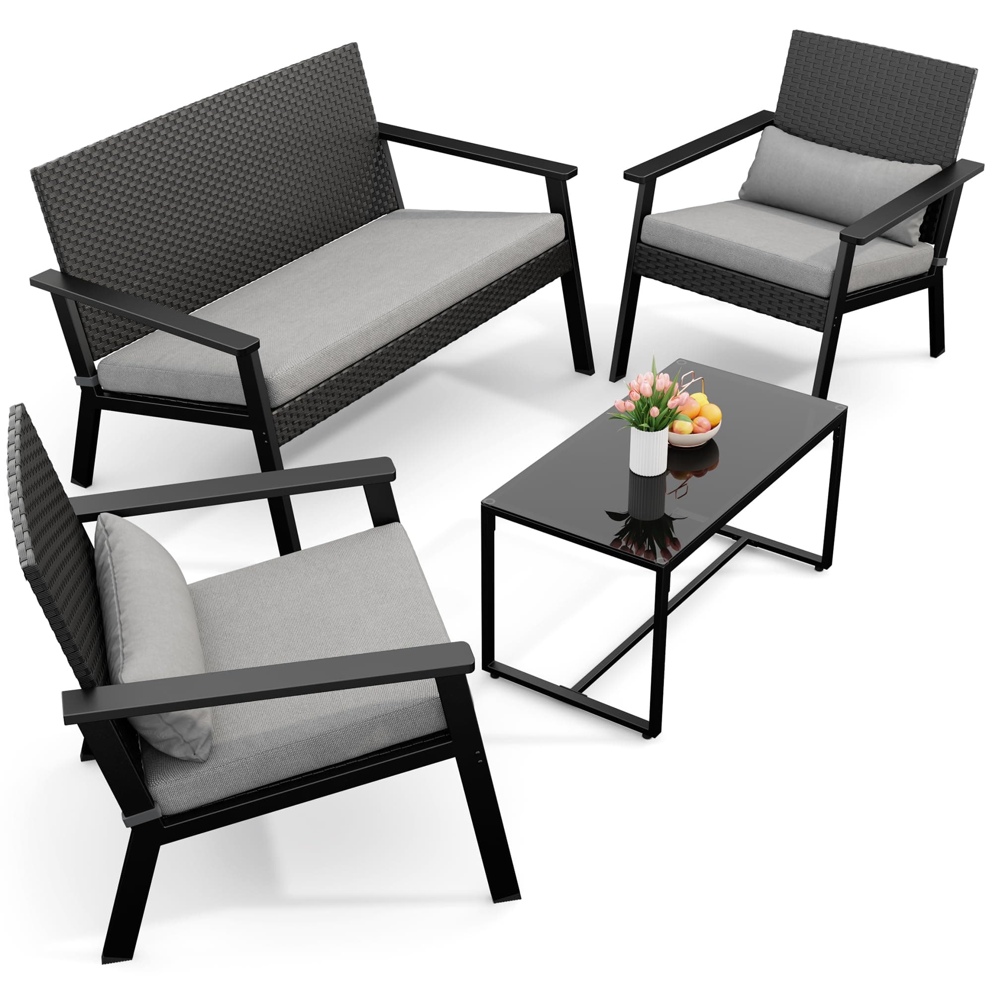 Ahomly 4-Piece Outdoor Wicker Patio Furniture Set with Deep Seating Cushions and Table for Balcony, Backyard, and Porch (Gray)