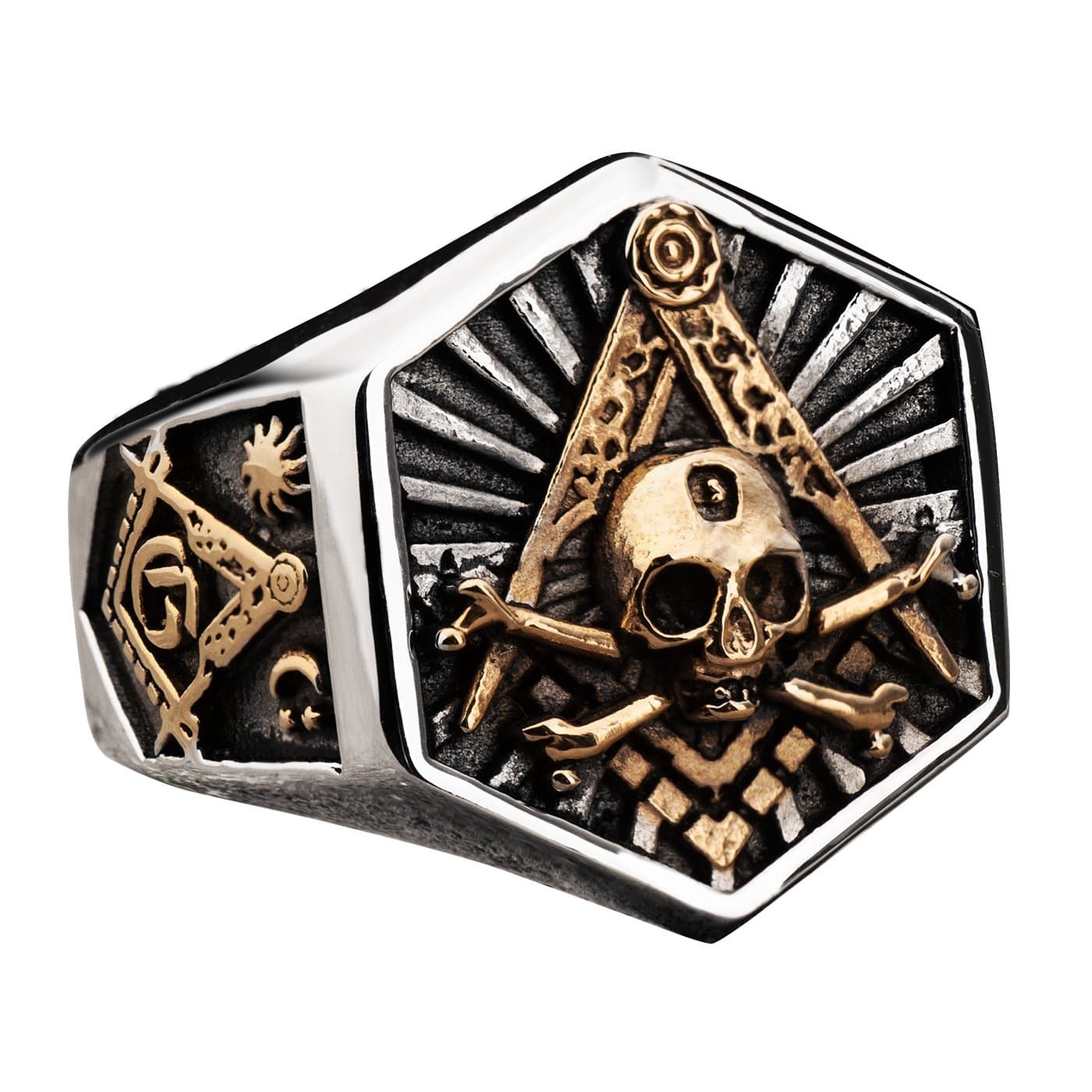 Masonic Ring for Men Hexagon Skull Stainless Steel Freemason Totem Jewelry Masons Band