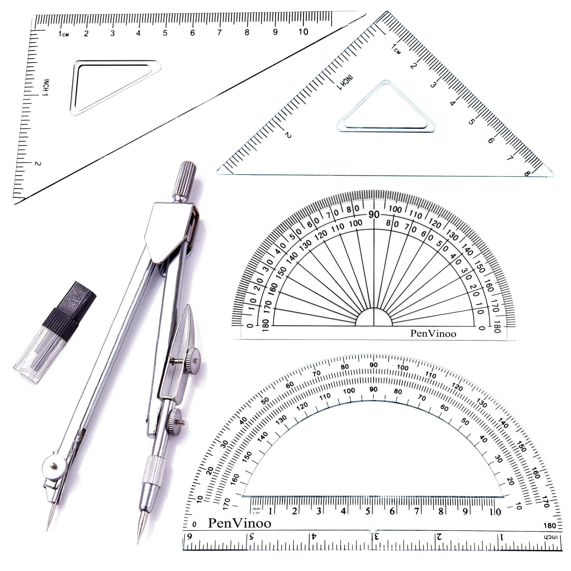 Student Drawing Compass Math Geometry Tools (5 pcs-Compass-Silver)