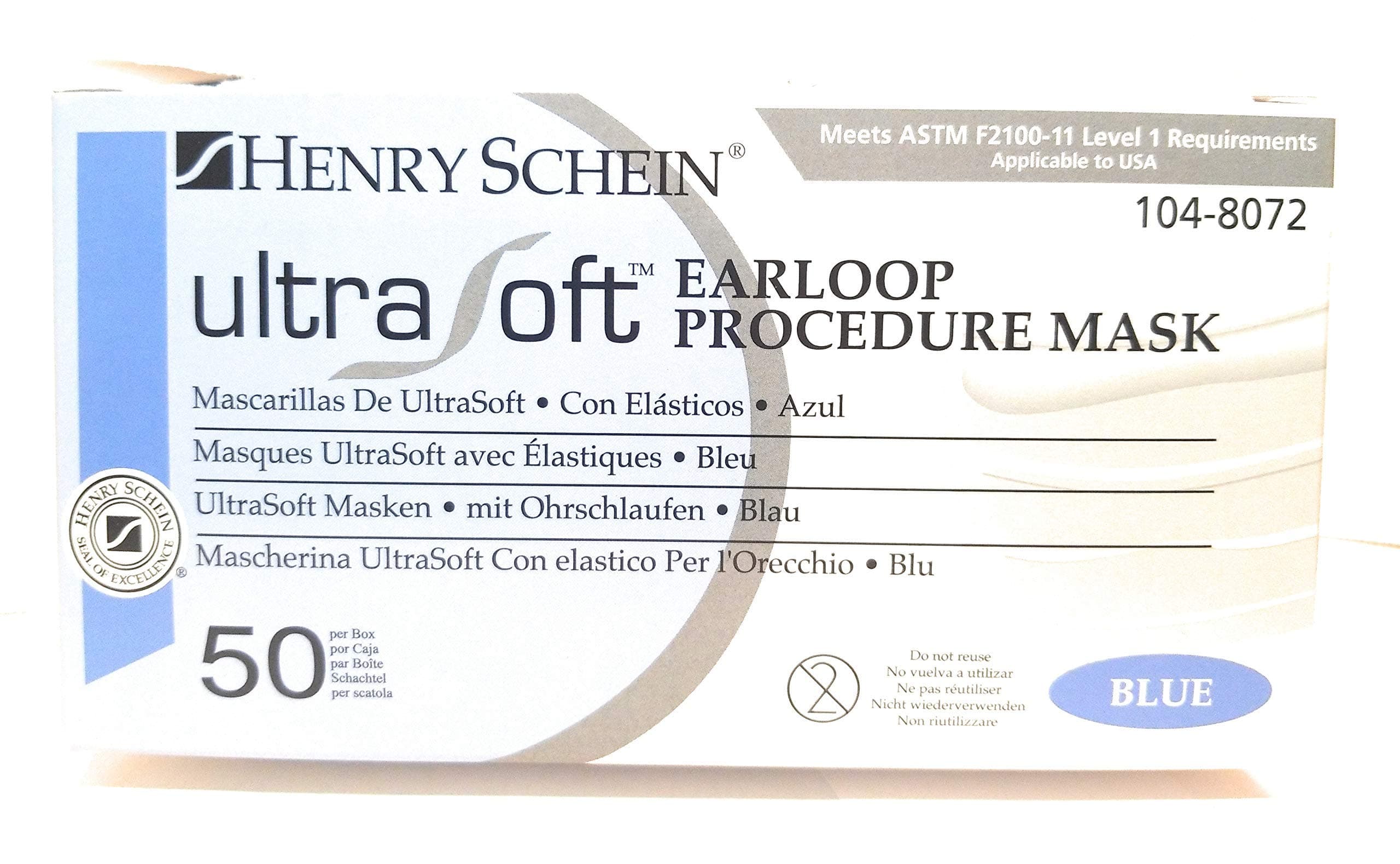 GPLUSBLS PT# 1048072 Mask Face Ultrasoft Blue Earloop LF 50/Bx Manufactured by Henry Schein