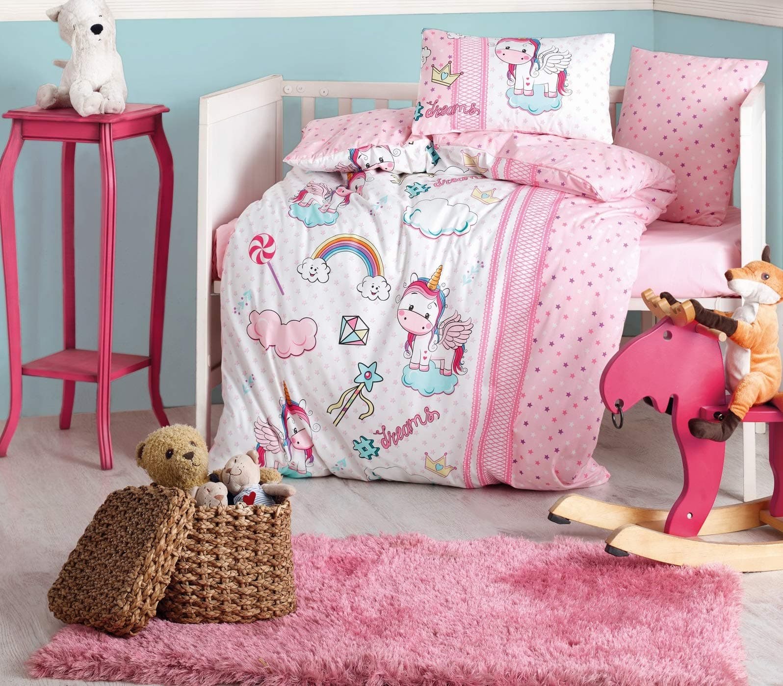 100% Cotton Unicorn Nursery Baby Bedding, Toddlers Crib Bedding for Baby Girls, Duvet Cover Set, Pink