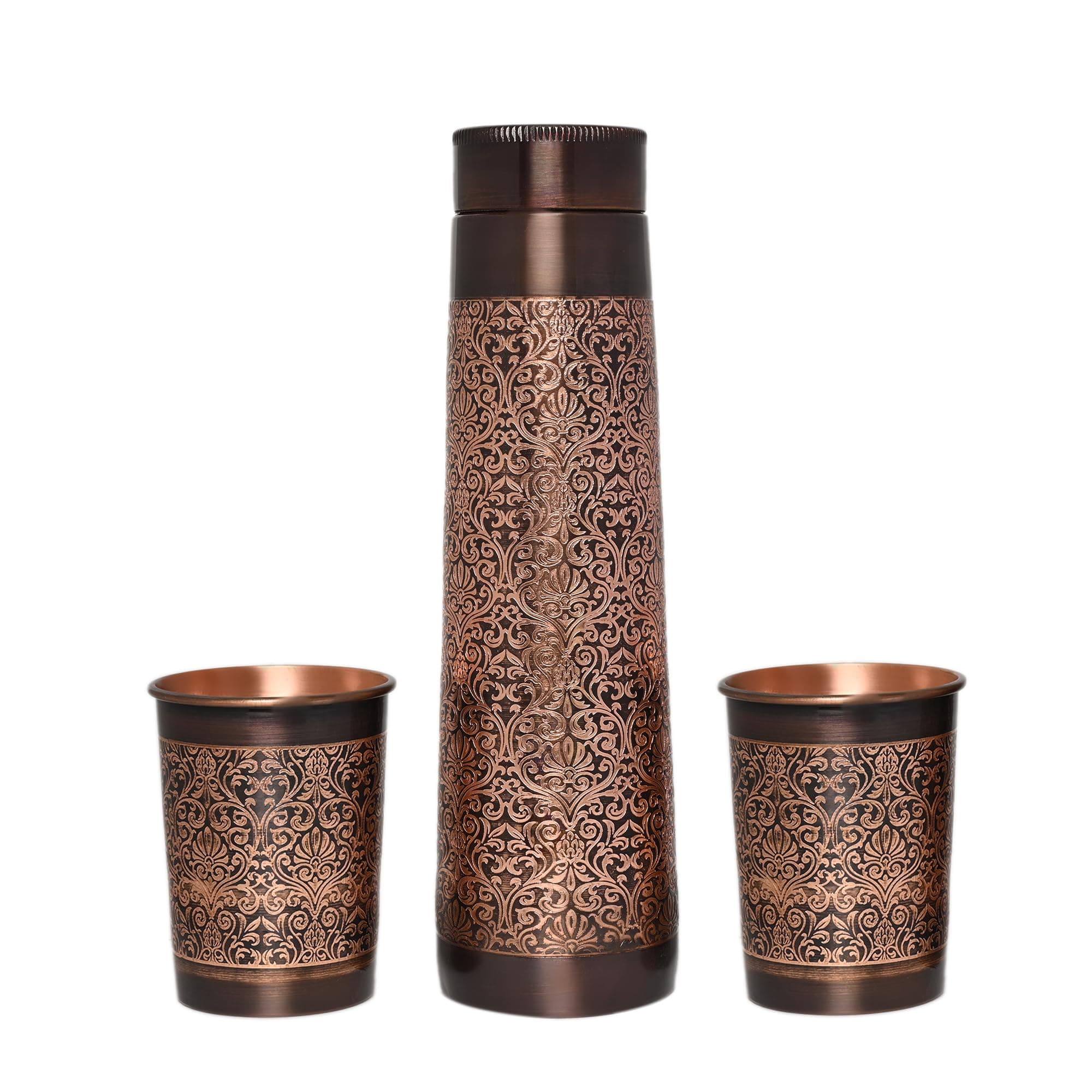 Pure Copper Water Bottle with 2 Tumblers Set, Beautiful Floral Pattern Light House Shape For Ayurveda Health Benefits