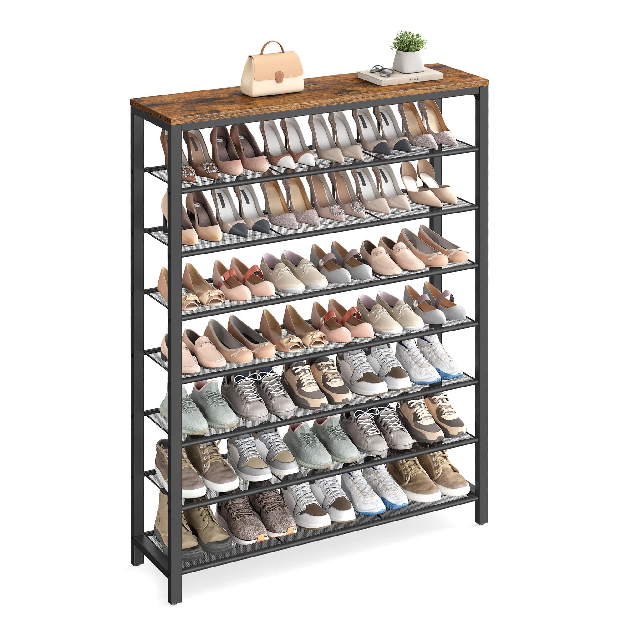 VASAGLE 8 Tier Shoe Rack, Shoe Organizer for Closet, Entryway, 32-40 Pairs of Shoes, Large Shoe Rack Organizer with 7 Metal Mesh Shelves, 11.8 x 39.4 x 59.8 Inches, Rustic Brown and Black ULBS012B01