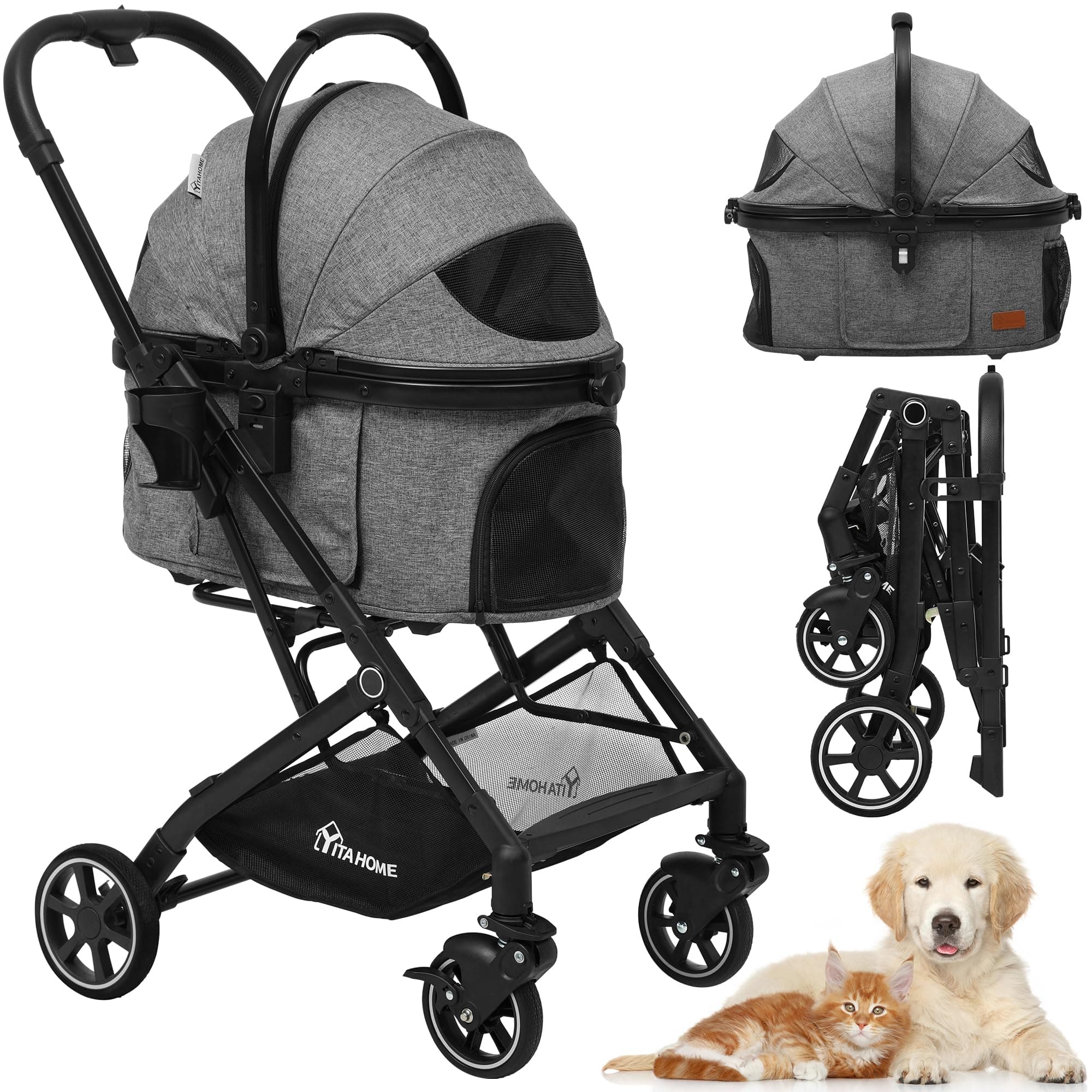 YITAHOME Pet Stroller 3-in-1, One-Click Foldable Cats & Dog Stroller, Dog Pushchair & Pram with Detachable Carrier, Storage Basket, Cup Holder & Car Seat (Grey)