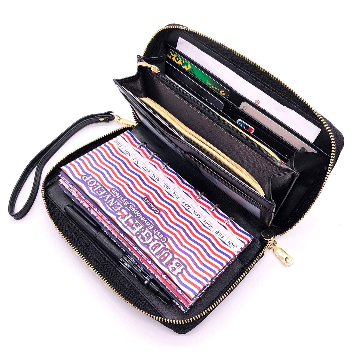 All-in-One Cash Envelopes Wallet Finances Organizer with 12 Budget Envelopes & Budget Sheets, PU Leather Wallet with Zip Phone Pocket Clutch Large Travel Purse Wristlet Hand Strap Maker Pen