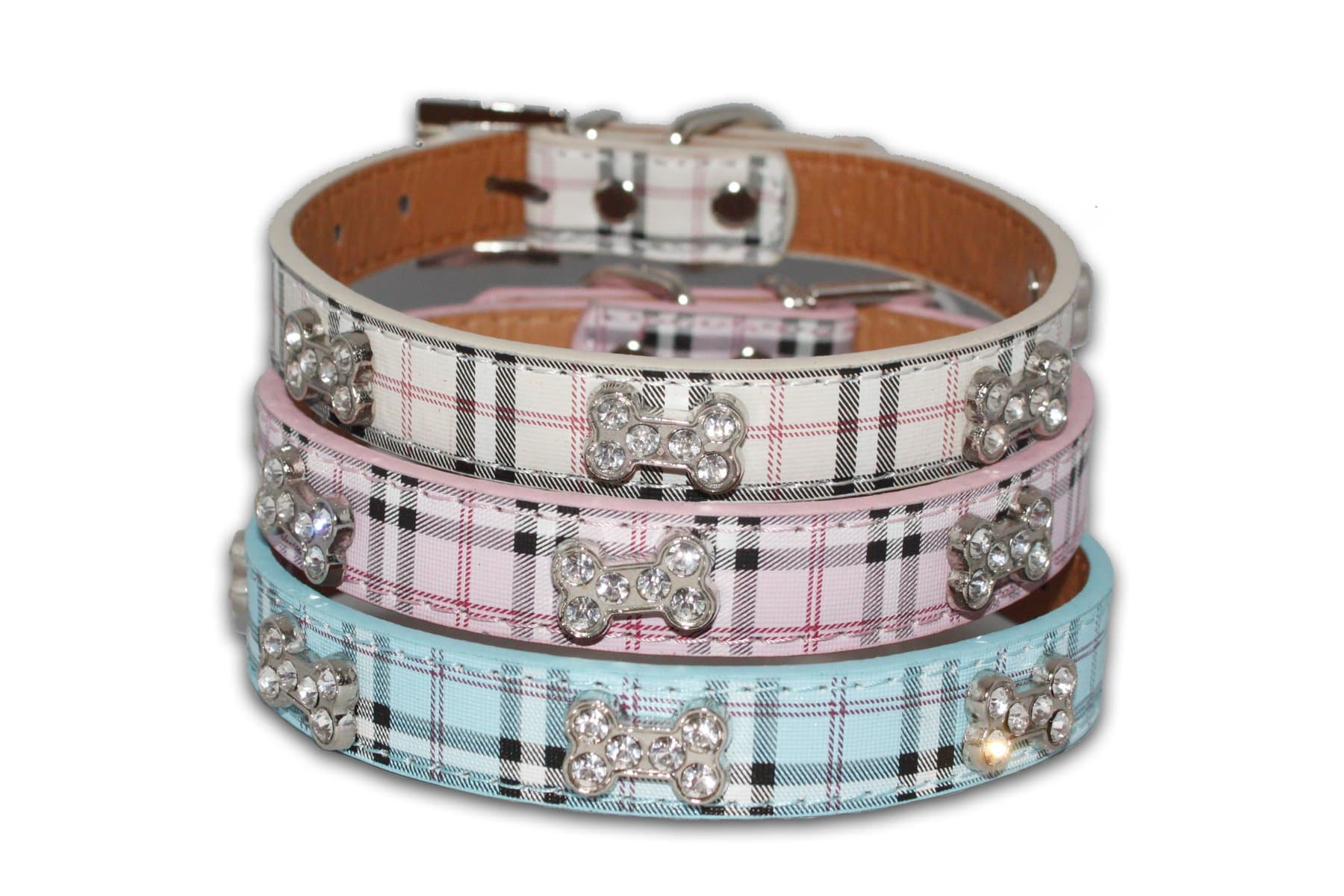 Doggystyles Dog Collar Puppy Coller Tartan Plaid Diamante Bone Small Medium PU Leather Terrier Scottish UK (Medium 32cm-40cm W=2cm, Pink)